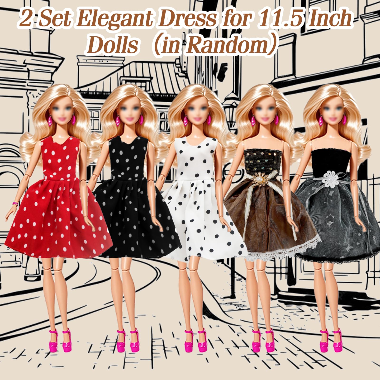 21 Doll Clothes Compatible with Barbie Include Brown Supermodel Plush Set Plush Vest Set Chunky Knit Set Denim Set Polka Dot Dress Sequined Dress 6 Shoes 6 Accessories for 11.5 Inch Dolls Girls Gift - Image 4
