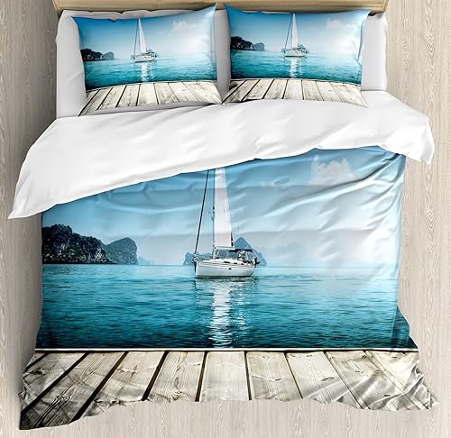 Miniatura 285 de Ambesonne Juego de funda de edredón color menta, líneas onduladas horizontales a rayas blancas abstractas de tonos suaves, exhibición de arte