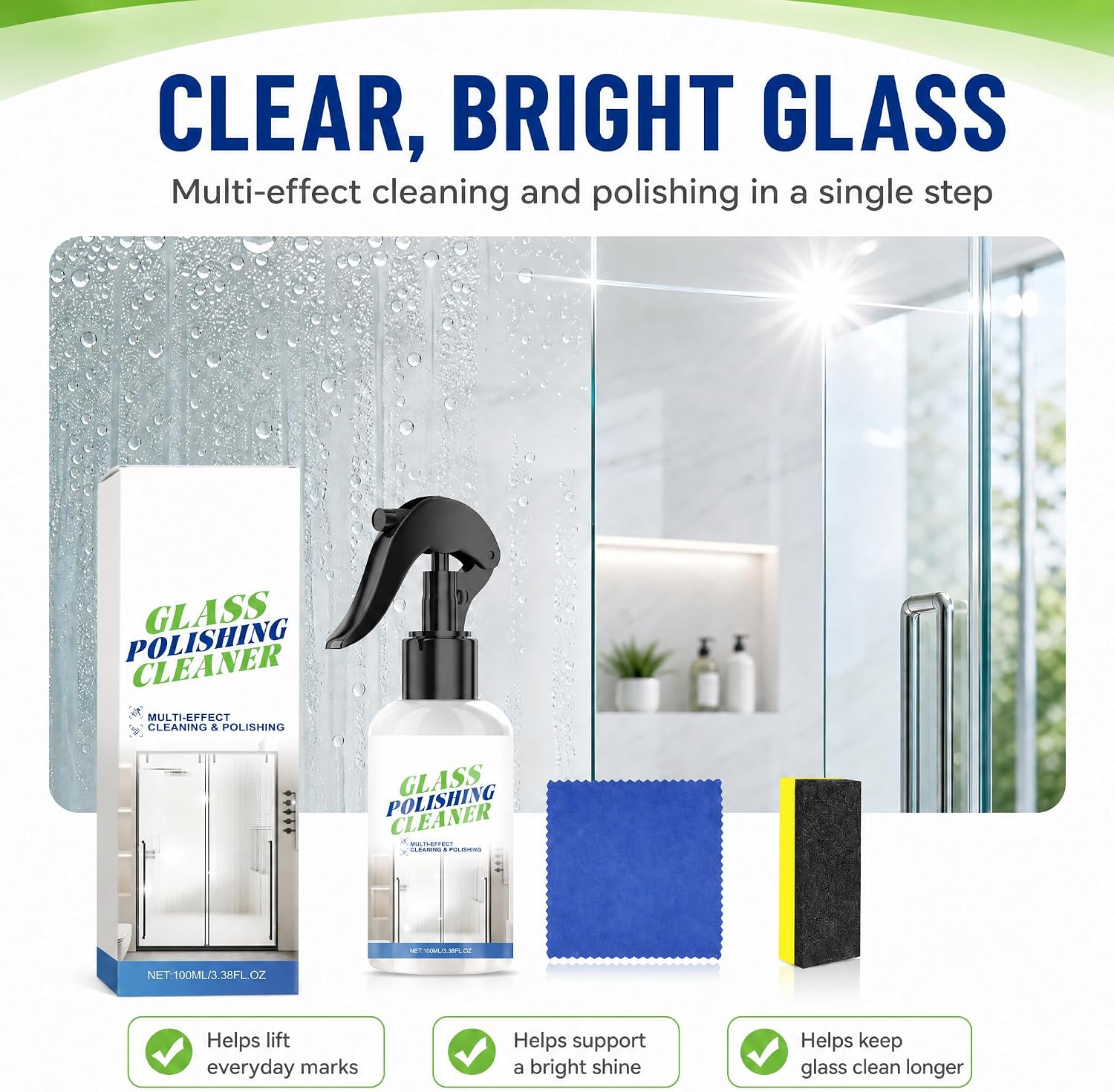 Glass Polishing Cleaner 3.38 fl.oz, Shower Door & Window Spray