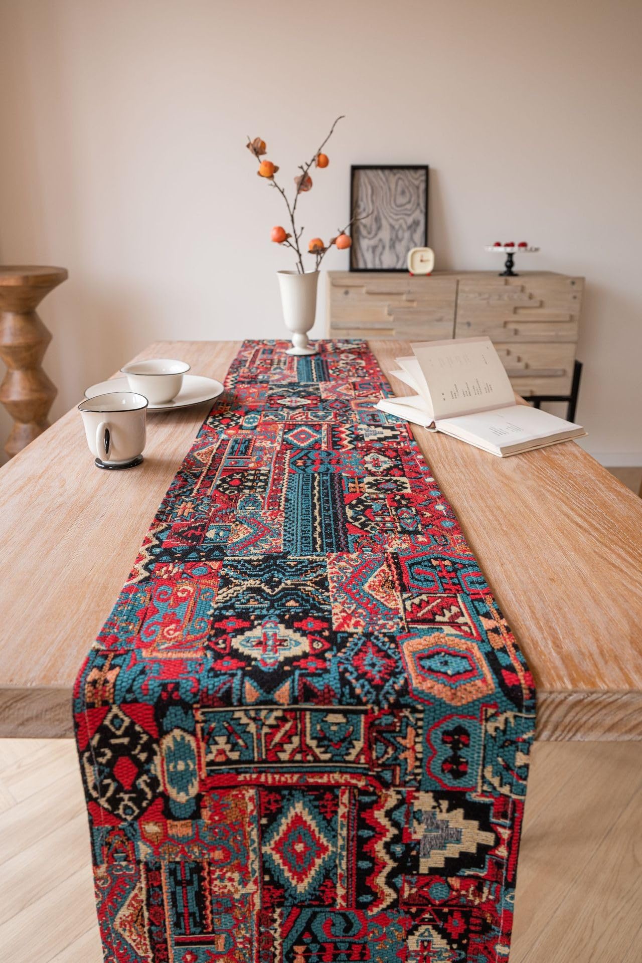 Clothfuna Bohemia Table Runner, Ethnic Boho Red Table Runner, Geometric Jacquard Fabric Table Runner for Kitchen Dining Table (33x140 cm/ 13x55 inch)