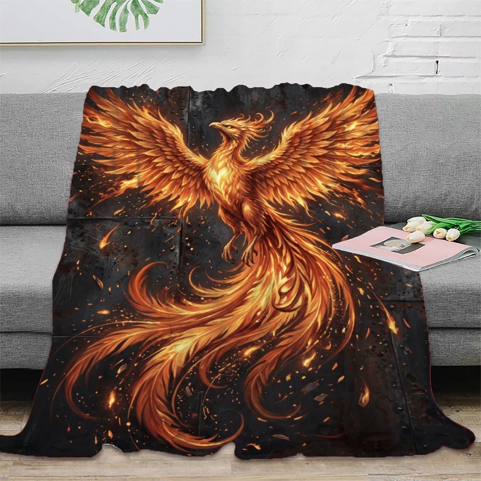 H3B8U2Y5 Black Fire Phoenix Throw Blanket, Flannel, Sofa, Mythical Fire Art