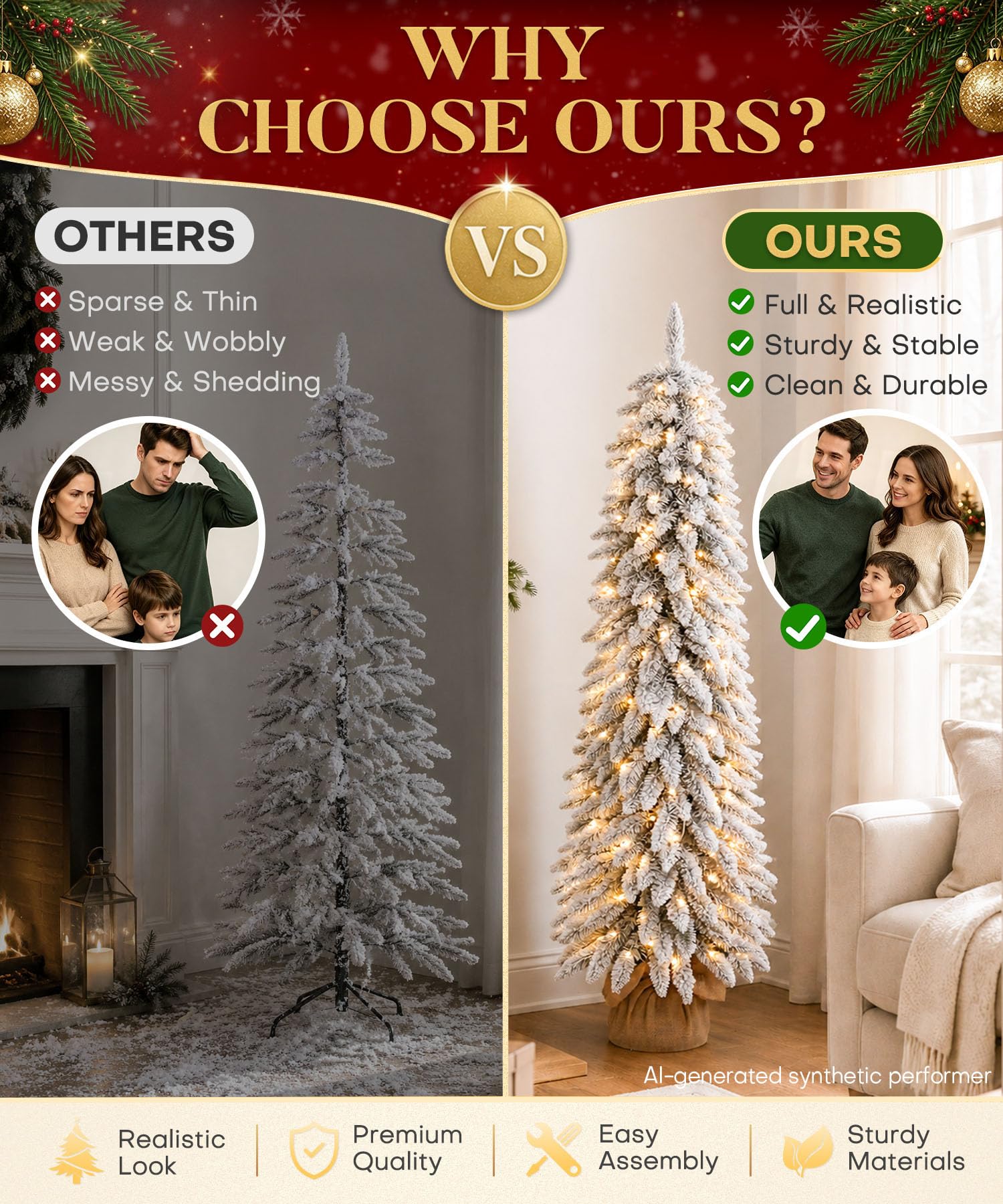 Yorbay Sapin de Noël Artificiel 150cm avec Neige: Sapin Slim en PVC avec Éclairage LED et Socle en Ciment – Décoration de Noël pour la Maison Bureau Commerce