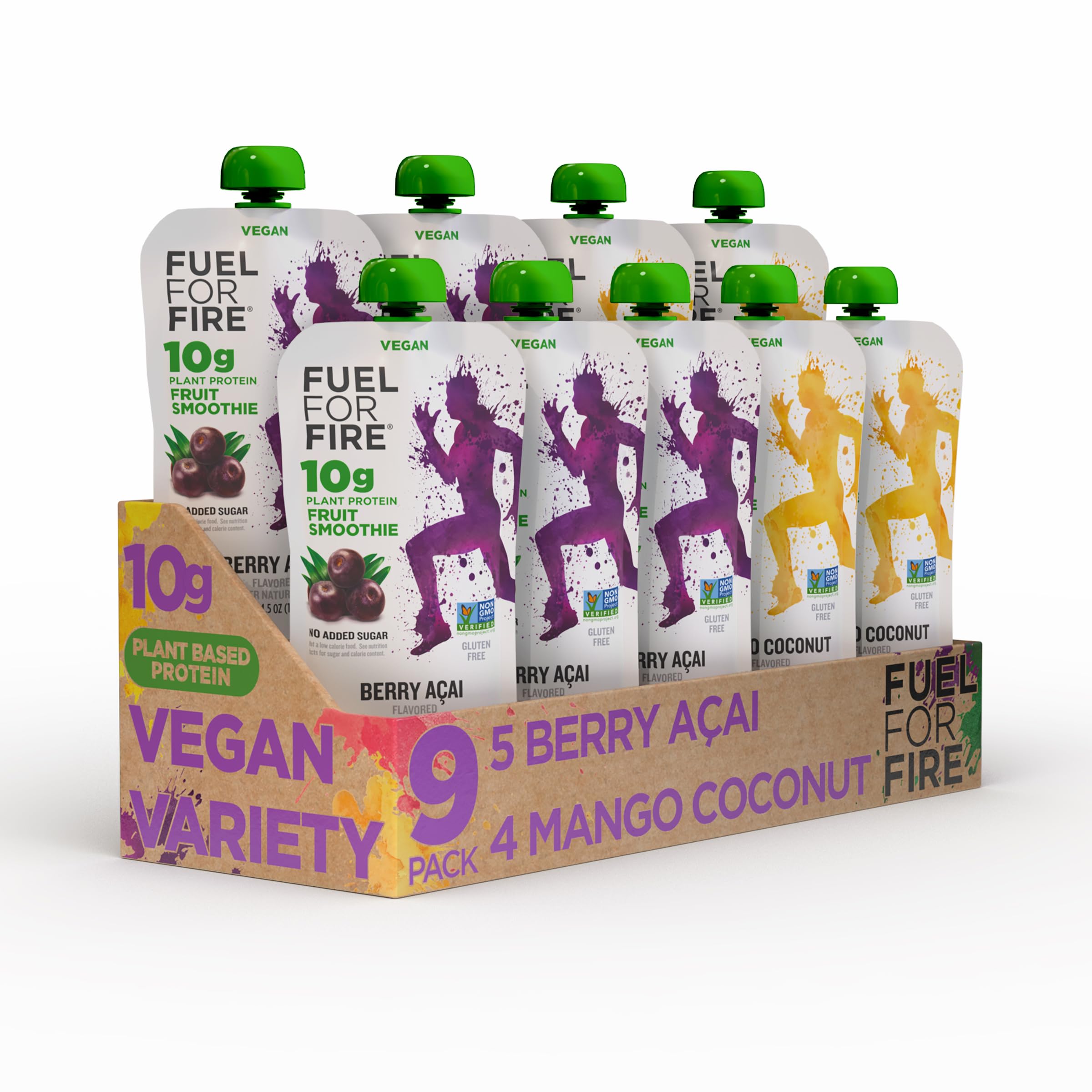 Fuel for Fire VEGAN Protein Smoothie Squeeze Pouch - Variety (9-Pk) | Healthy Snack & Recovery | No Sugar Added, Dietitian Approved | Functional Fruit Smoothies | Plant Based, Kosher (4.5oz pouches)