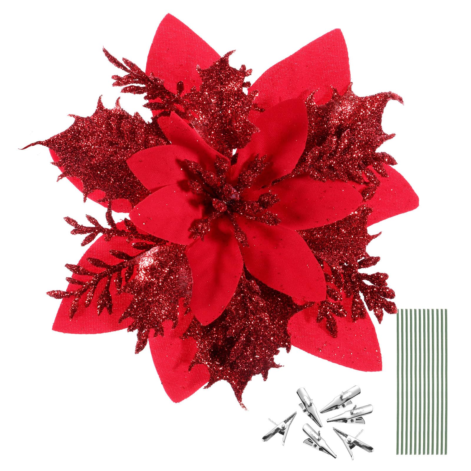 TOYANDONA 12 Piezas de Decoración de Flores Artificiales Poinsettia de Navidad para La Decoración del Árbol de La Guirnalda de Navidad con 12 Piezas de Clips Y Tallos Rojo Brillante