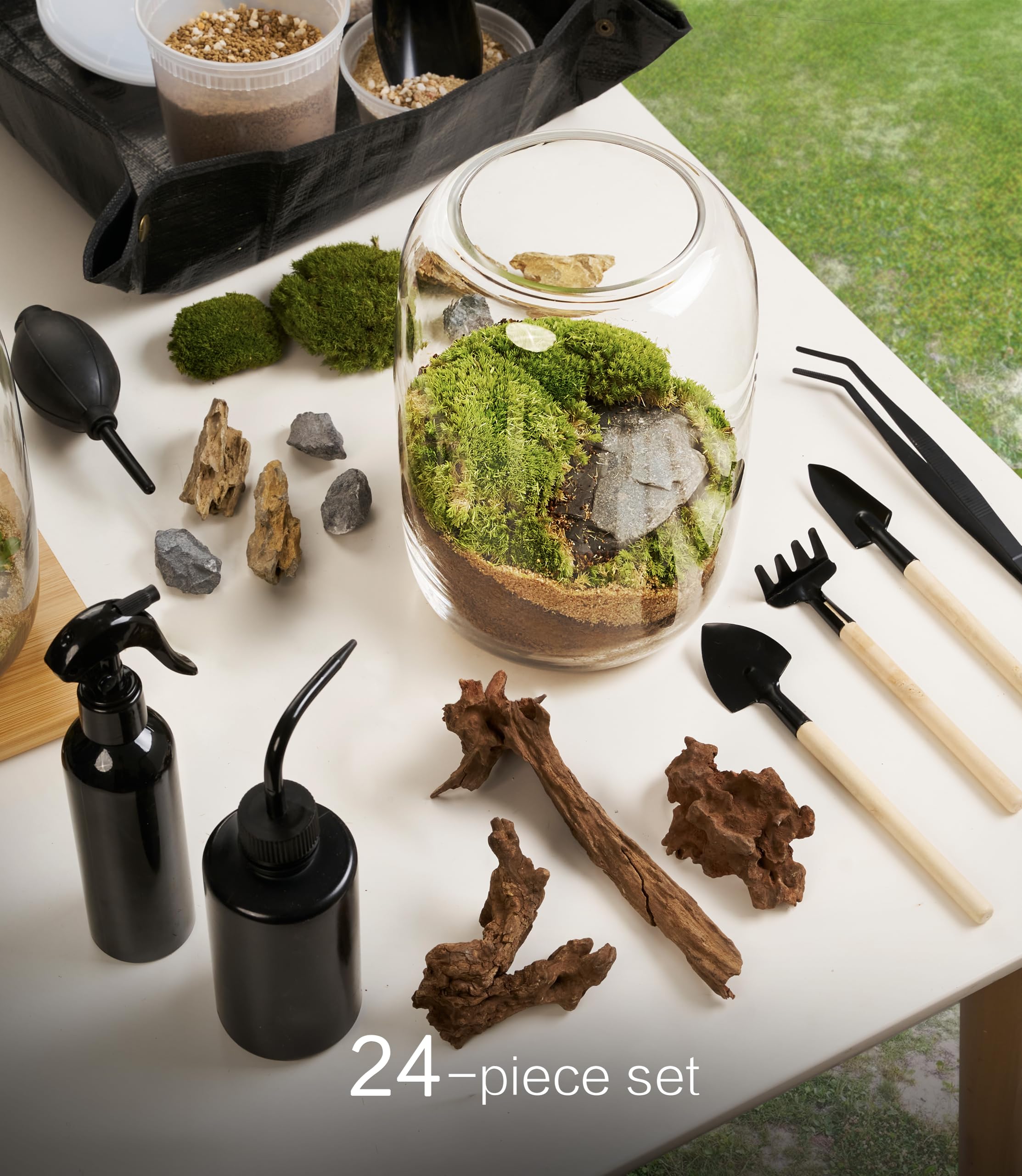 Zestaw do terrarium z lampką do uprawy, sukulenty, mini zestaw ogrodniczy - zawiera słoik, narzędzia, mech, skały, drewno dryfujące i dekoracje