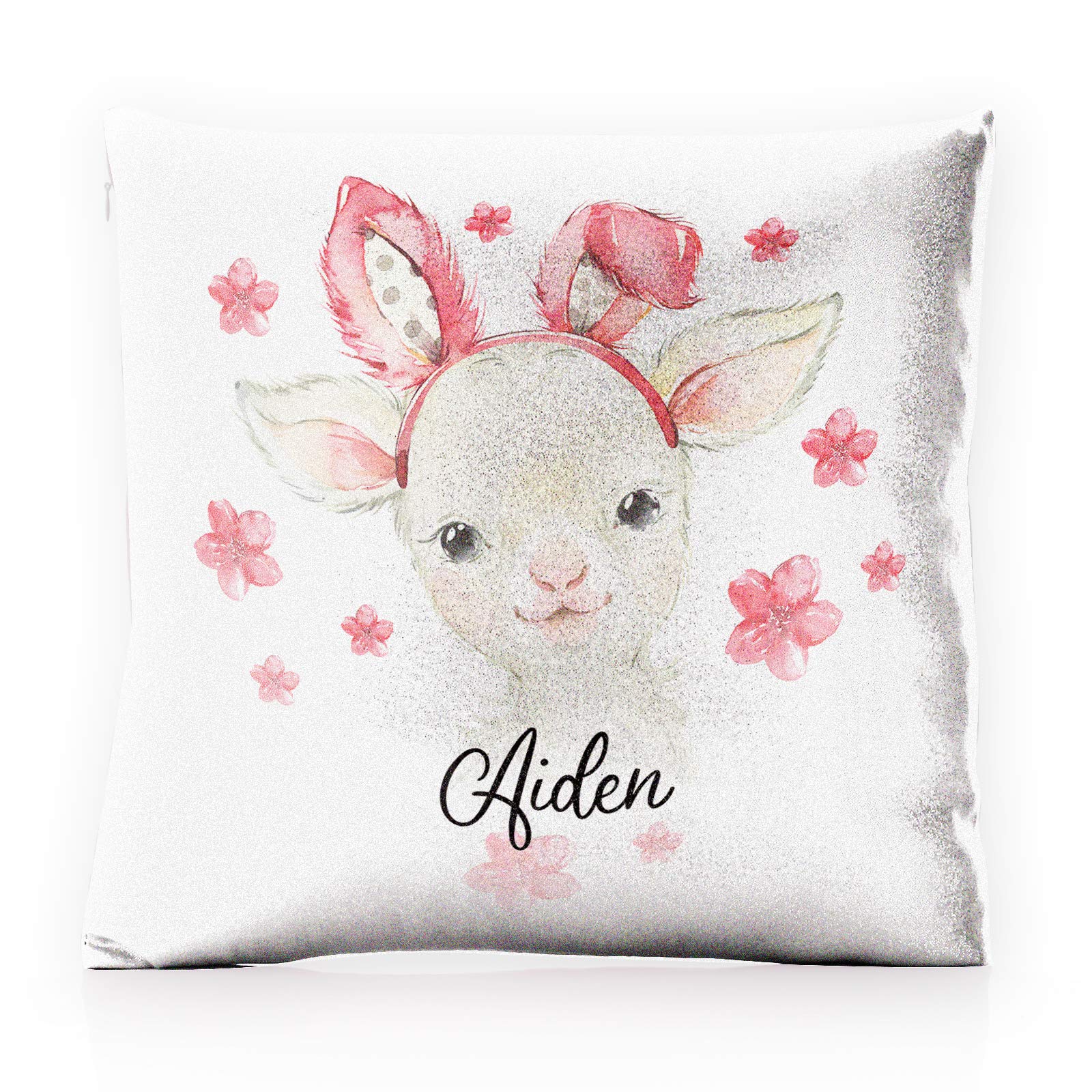 Hairyworm Personalised Cushion Cover with Filling Optional, Pink, Champagne, White Glitter Square Cushion Customised with Initial/Name/Text, Lamb Pink Bunny Ears Design โ image 1