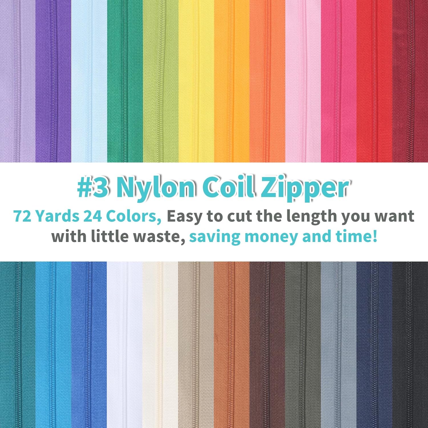 72 Yards 24 Colors #3 Nylon Coil Zipper by The Yard with 3 Styles 260pcs Pulls,Continuous Zipper Tape for DIY Sewing Crafts,Bag,Clothes,Purse and Other Sewing Supplies (24 Assorted Colors, #3)