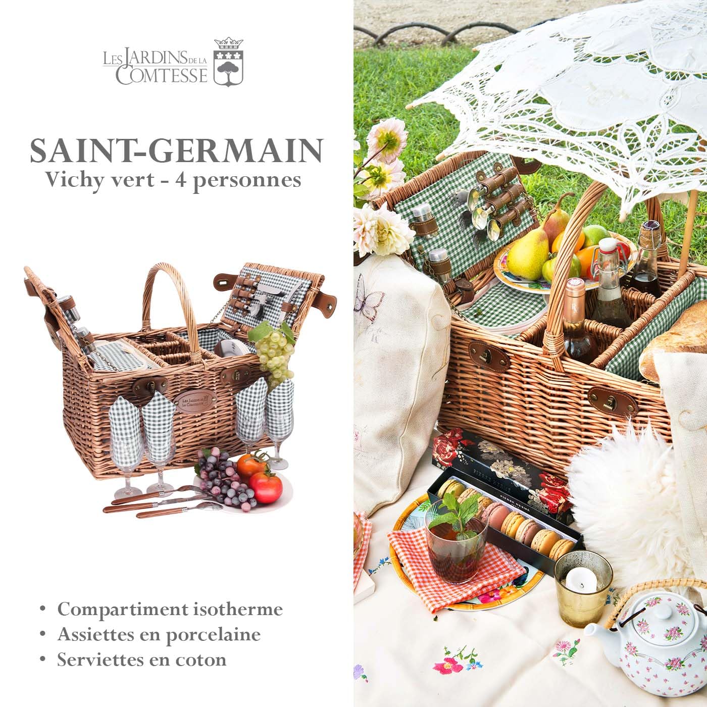 Les Jardins de la Comtesse - Cestino da Picnic Saint-Germain Verde - Vimini Natural - Completo/4 Pers - Scomparto Isotermico - Piatti in Ceramica/Bicchieri da Vino - Tessuto Marrone - 46 x 36 x 24 cm