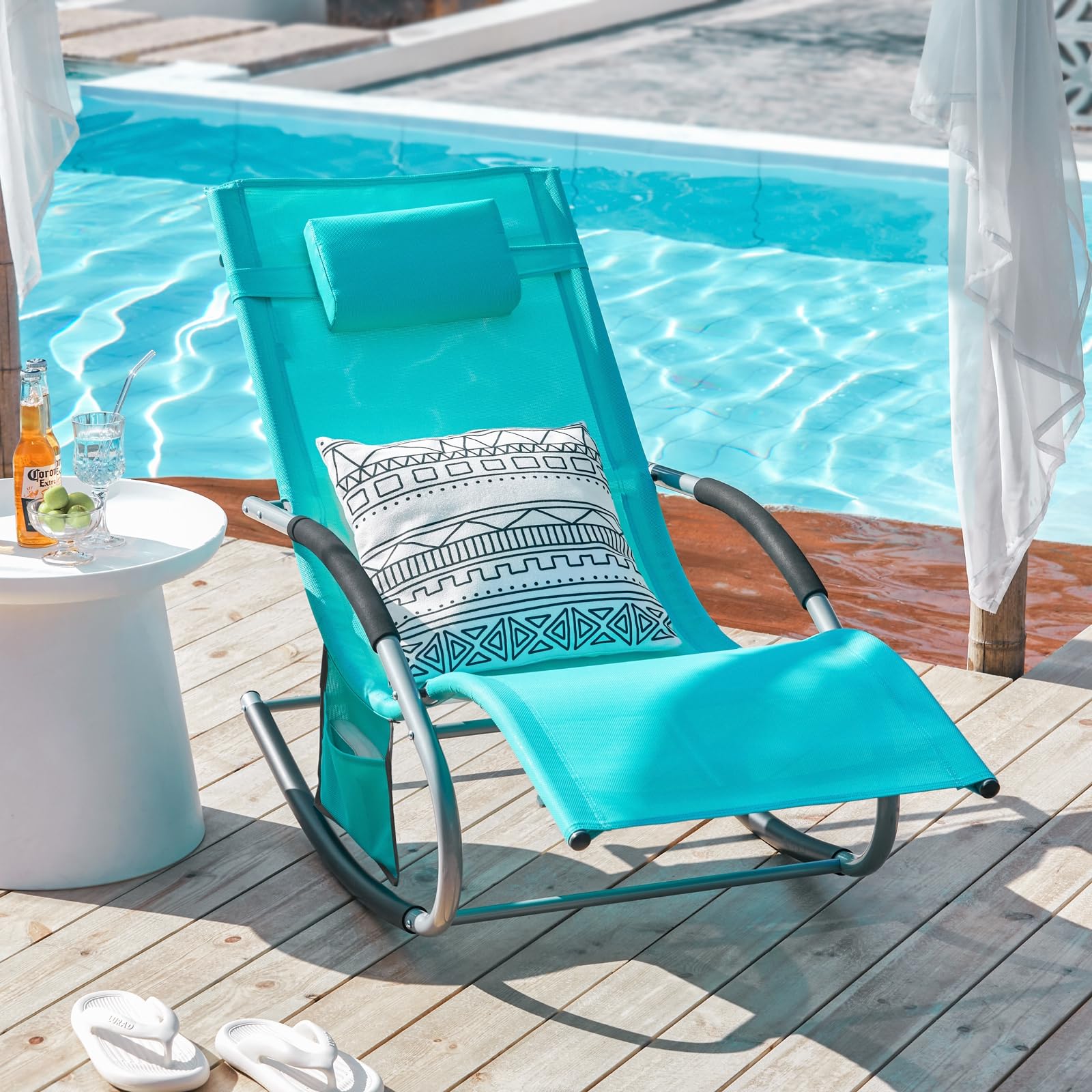 SoBuy Chaise Longue Transat Pliable Jardin Fer – Bain de Soleil Ergonomique à Bascule Relax – Fauteuil Extérieur Confortable Plage pour Terrasse Balcon Camping, Bleu, OGS28-HB