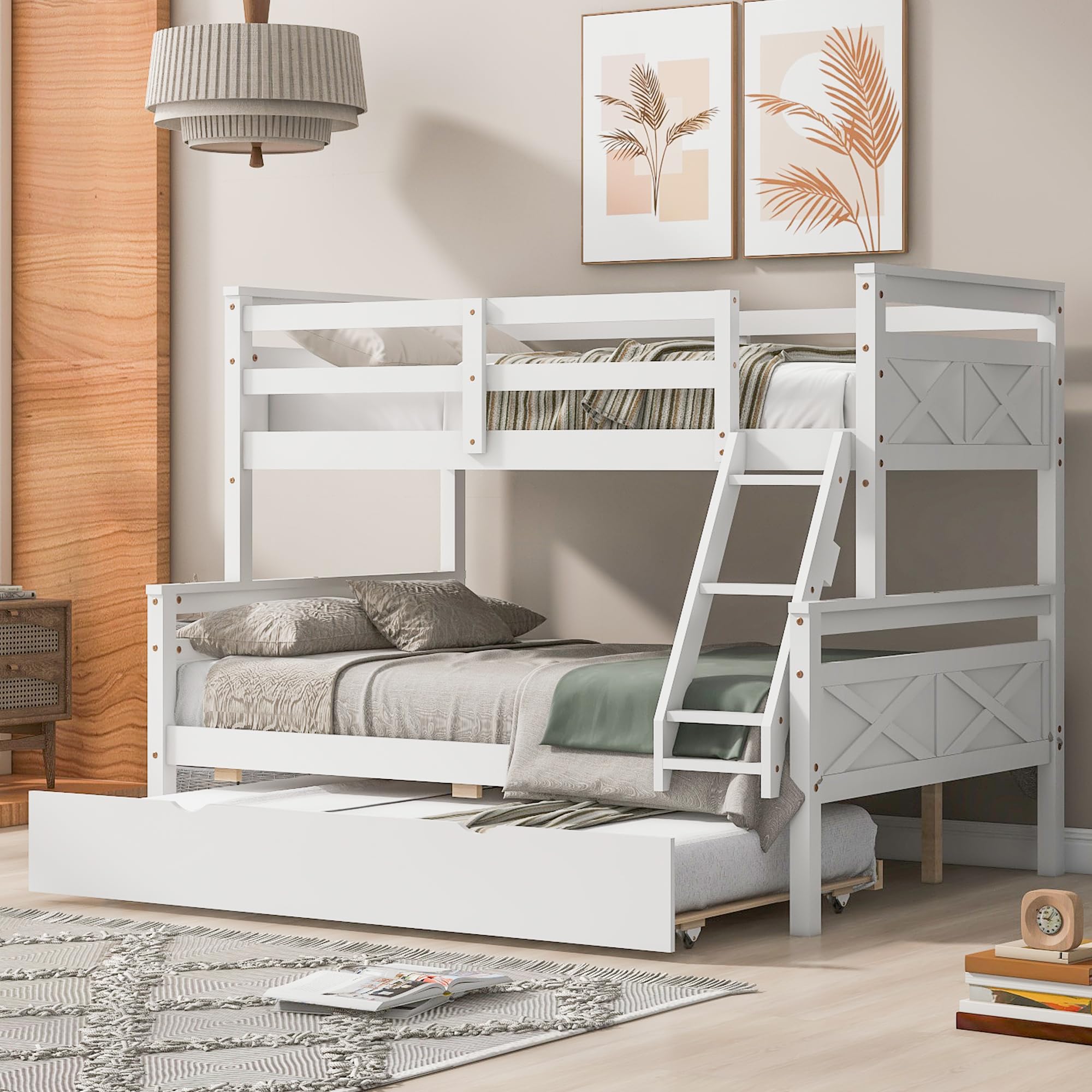 YOUJUNER Twin Over Full Bunk Bed with Ladder, Twin Size Trundle, Safety Guardrail, White