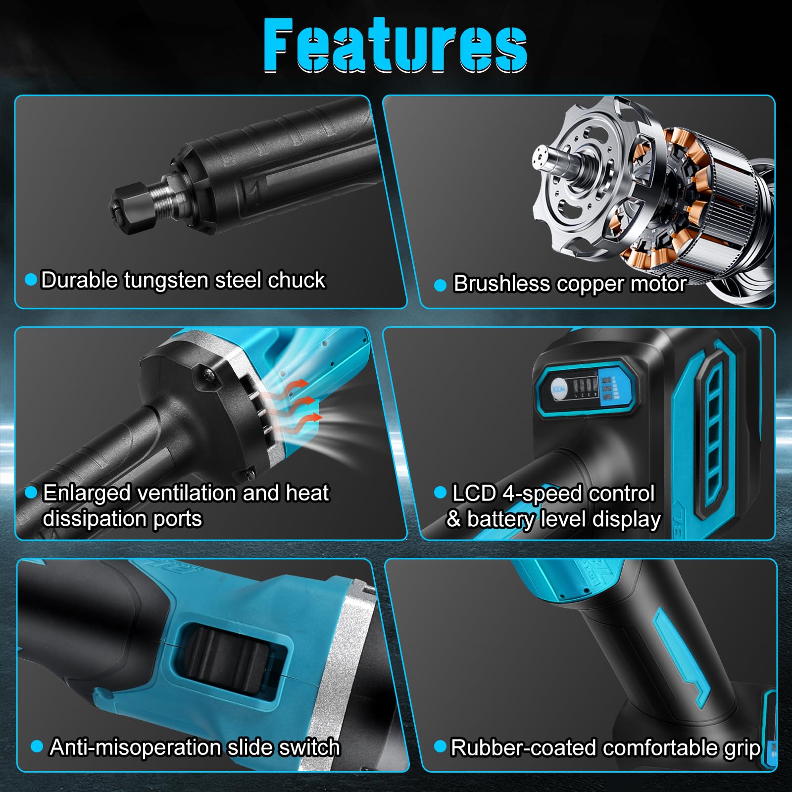 Smerigliatrice Diritta Brushless Makita 18V 128PCS Accessori 6 Velocità Variabili 3mm 6mm Mandrino Multifunzione