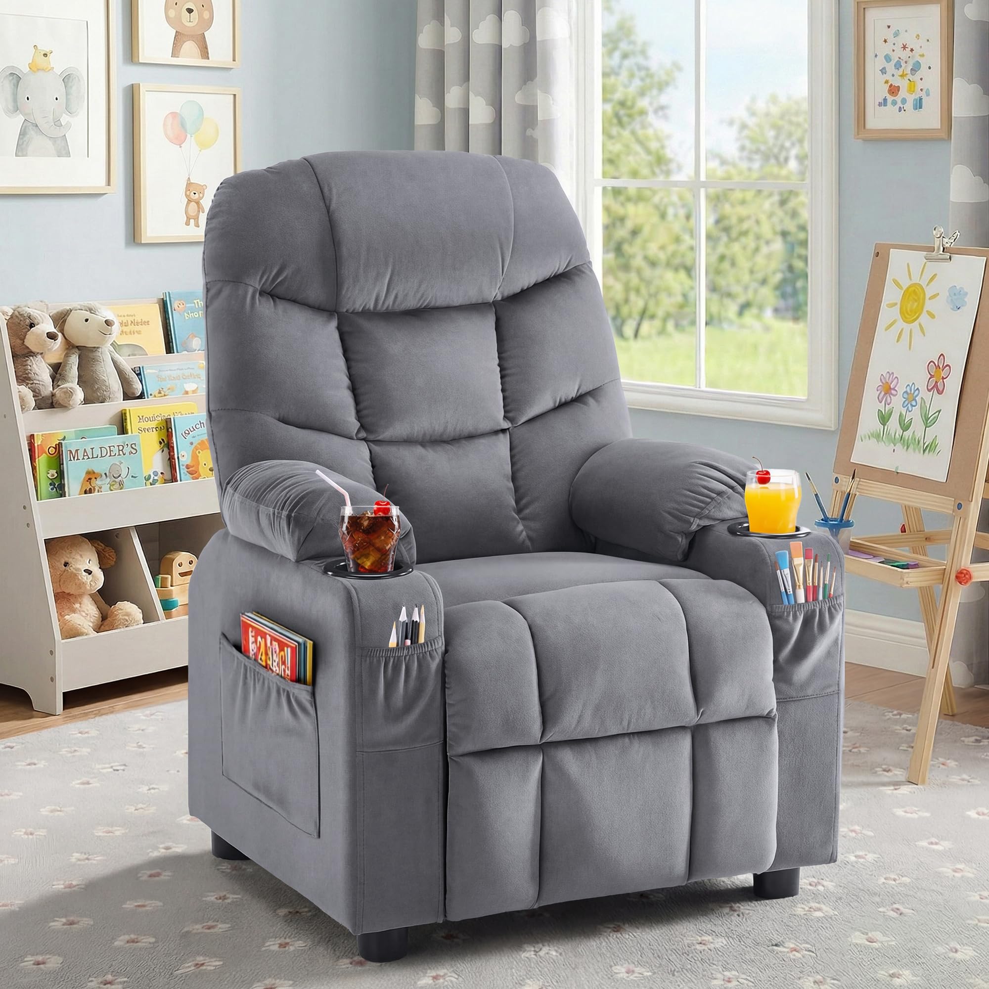 Kids Recliner Chair Velvet Reclining Toddler Push Back Big Sofa Ages 3-12