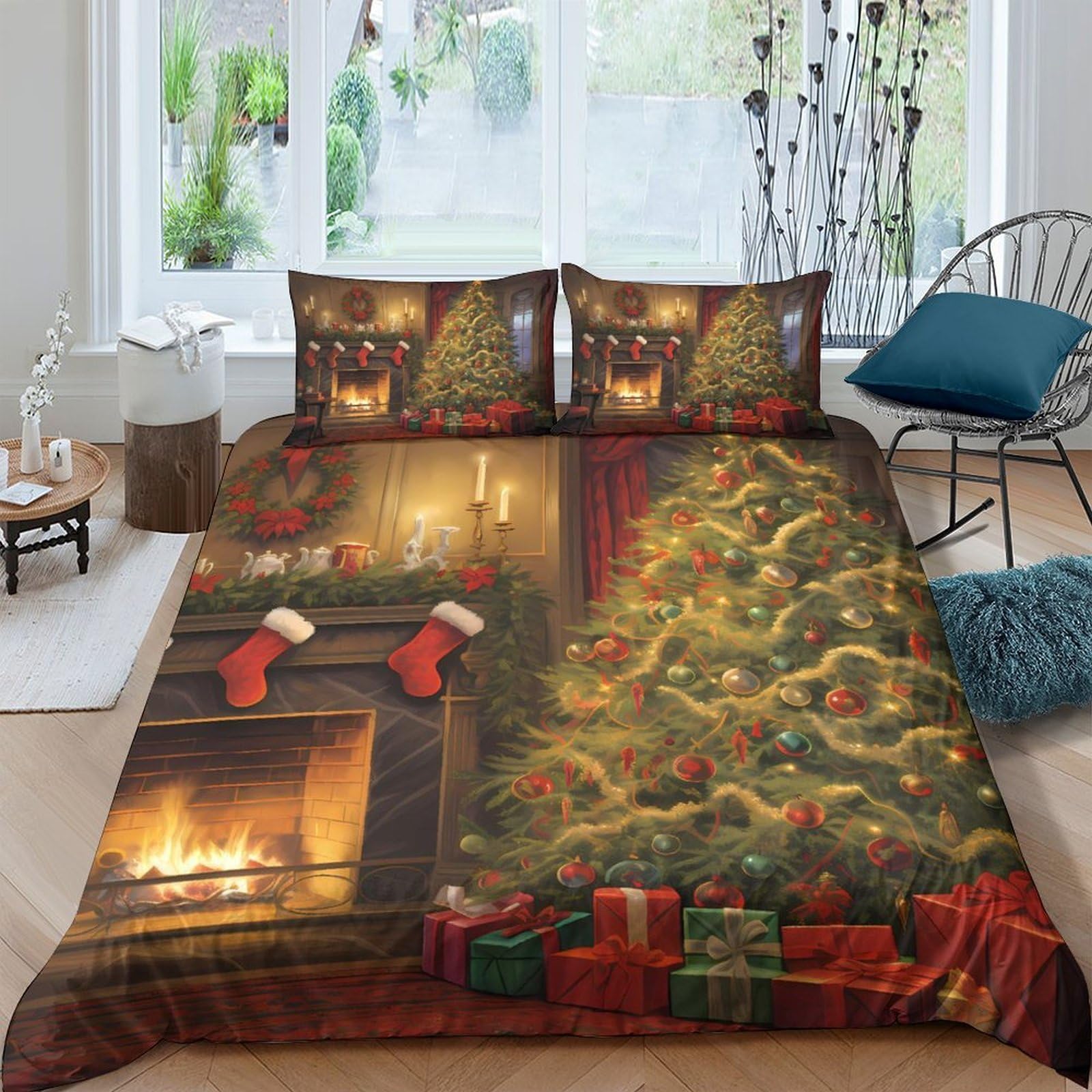 Ctjqhvkz Style-8 3D Printed Christmas Fireplace Fitted Sheet Microfiber Cozy Xmas Tree Bed Cover For Bedroom Guest Room Decor Single（135X200cm）