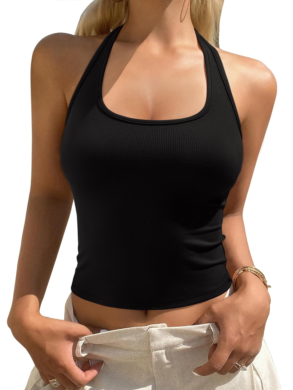 REORIA Womens Racerback Halter Backless Tank Top Sexy Sleeveless Fitted Top Trendy Summer Basic Camisole