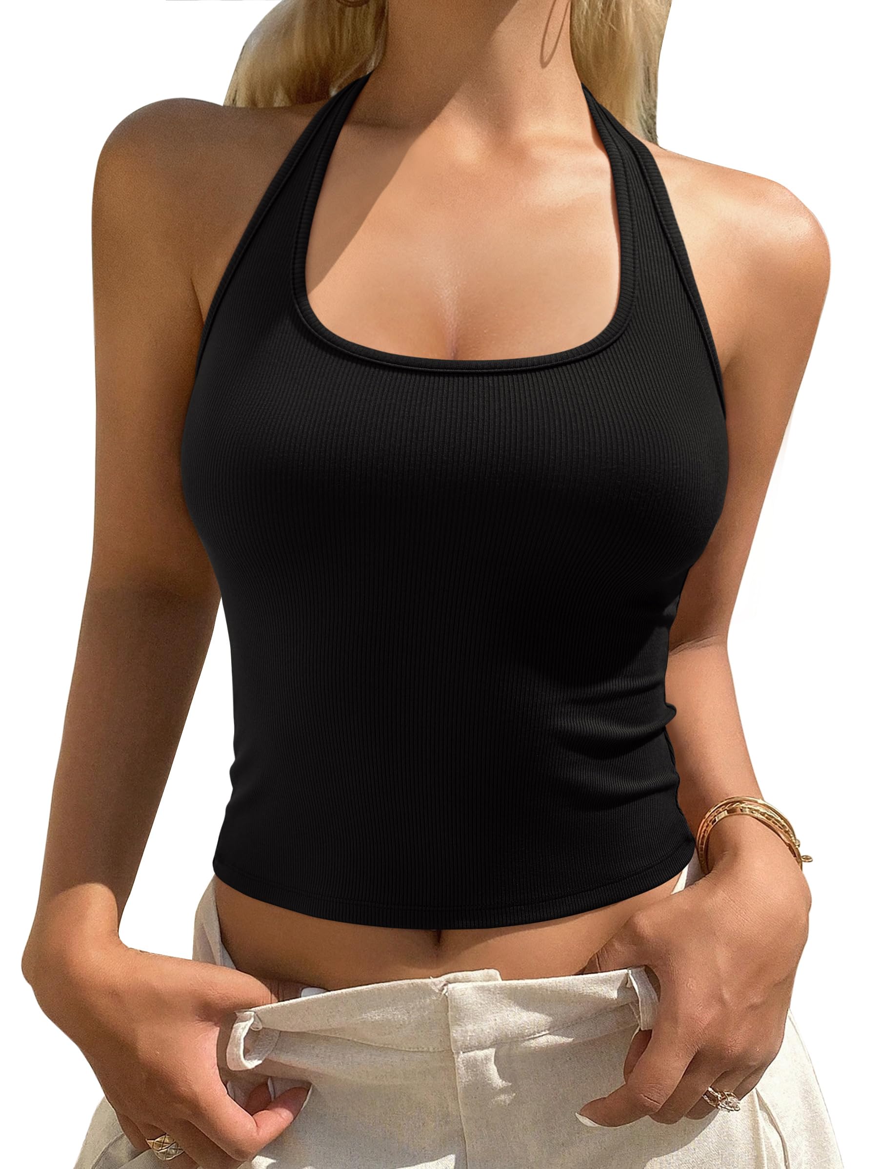 REORIA Womens Racerback Halter Backless Tank Top Sexy Sleeveless Fitted Top Trendy Summer Basic Camisole