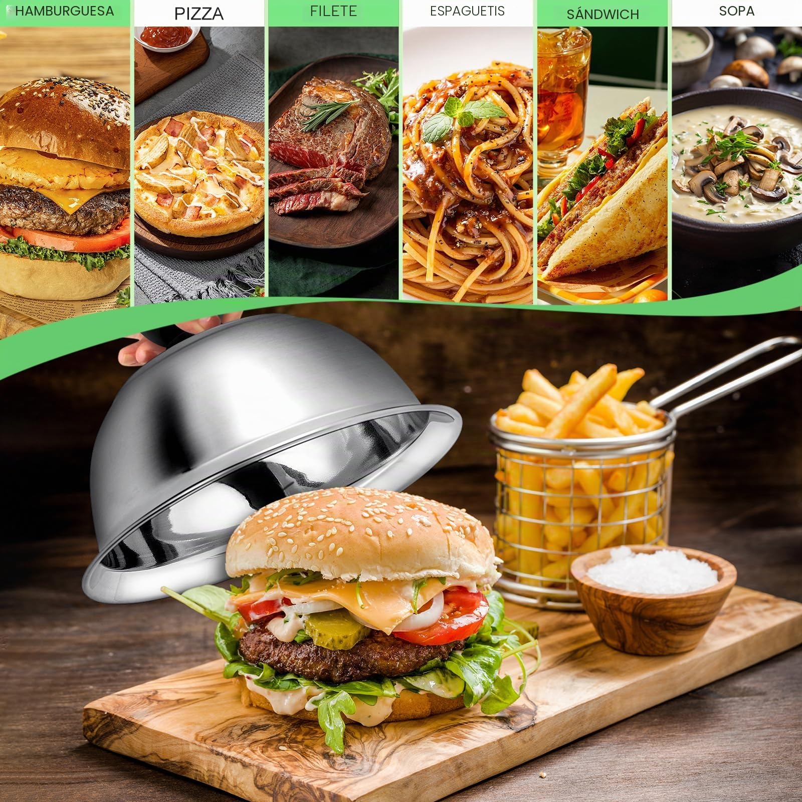 2 unidades de 16 x 6,6 cm Campana para hamburguesas, tapas de acero inoxidable para barbacoa, cocina, bistec, barbacoa y teppanyaki, apto para lavavajillas