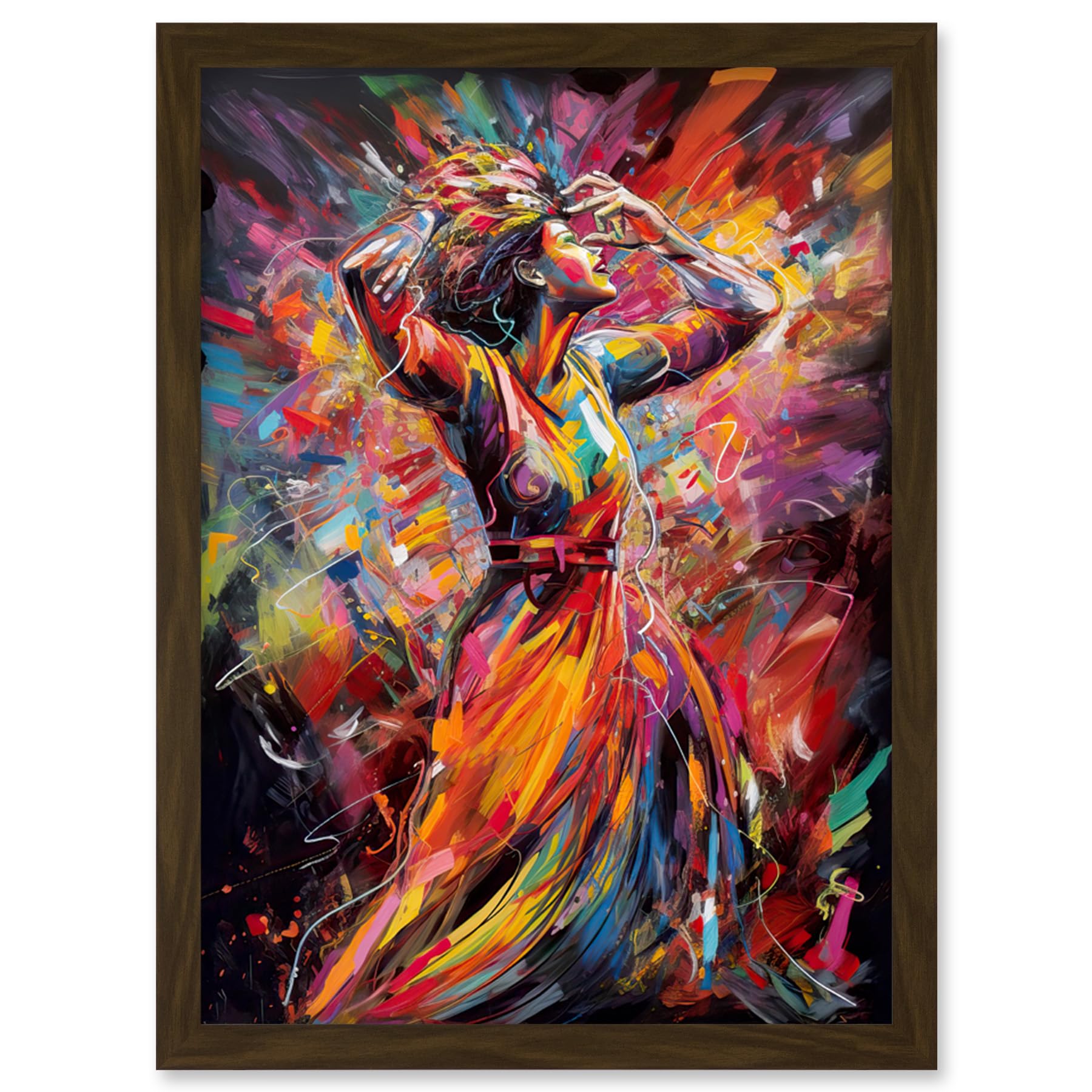 Artery8 Happy Woman Dancing to Music Modern Vibrant Colour Artwork Framed Wall Art Print A4