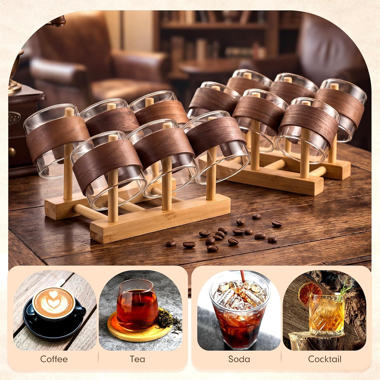 12 Pcs 5 oz Espresso Cups with Wooden Ring High Borosilicate Espresso Shot Glass Small Glass Coffee Cups Accessories Tea Latte for Office Cafes Home