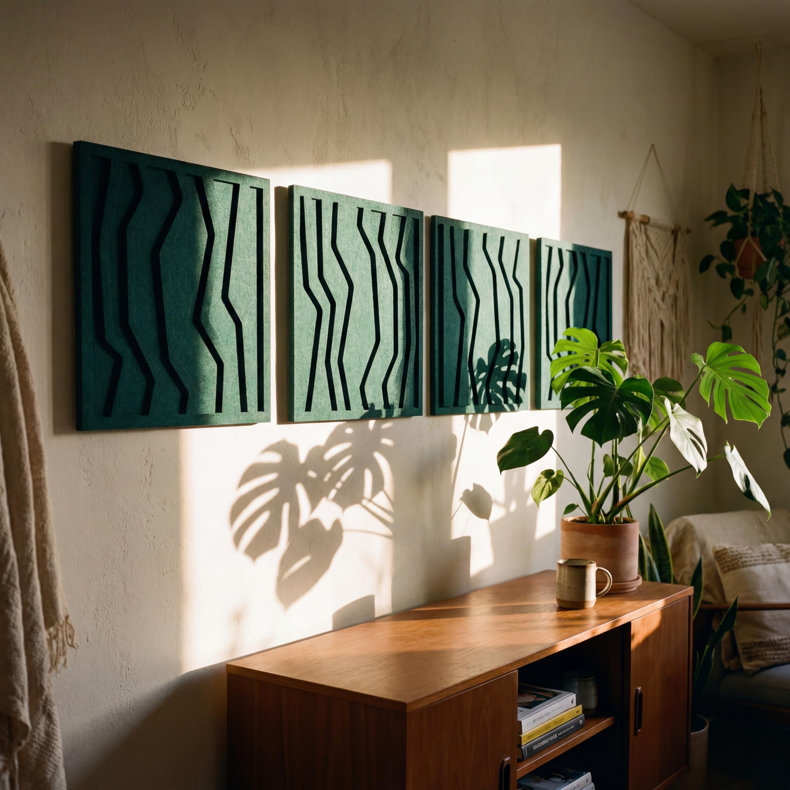 Pannelli acustici in feltro PET, set da 4 (totale 2 pezzi: 80 x 80), fonoassorbenti e decorativi, facile da parete con sistema a cunei (set da 4 pezzi, 40 x 40 cm, verde smeraldo)