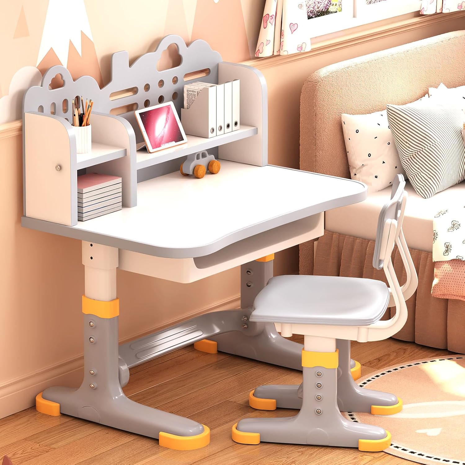 Kids Desk and Chair Set for Ages 3-12 - Height Adjustable Study Desk with Widened Desktop, Storage Drawer & Bookstand, Ergonomic Design, Supports up to 300 lbs