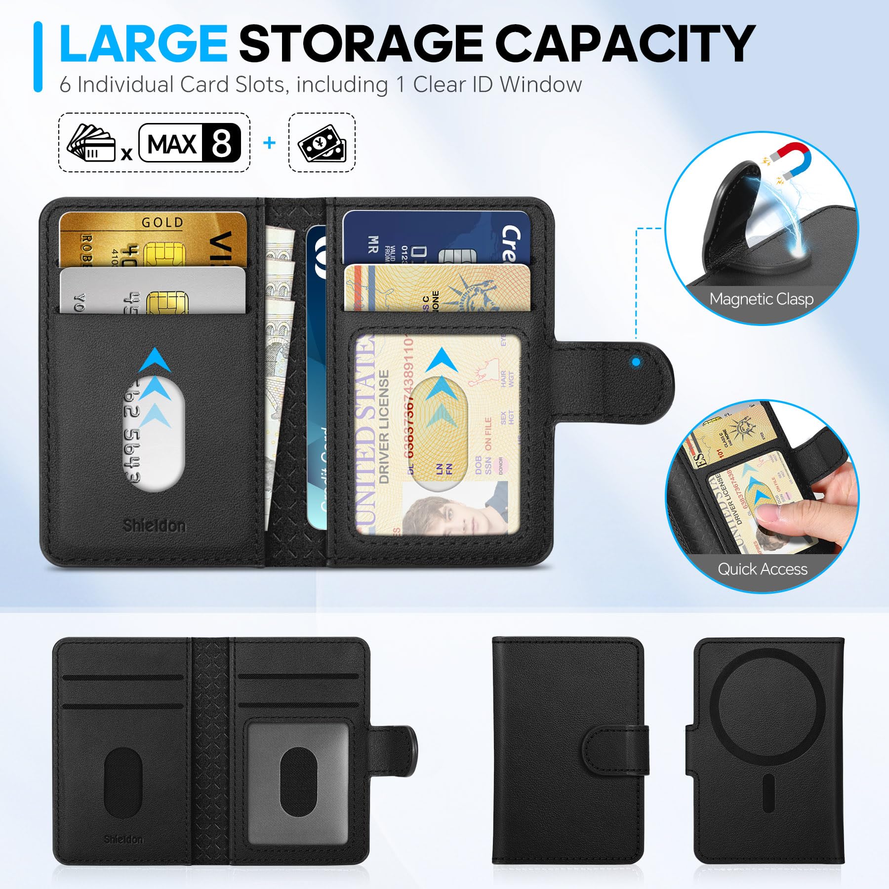 SHIELDON Porta Carte Adesivo Portafoglio Magnetico in Vera Pelle [Blocco RFID] [Slot per Carte] Porta-Carte Adesivi, Portafoglio Leather Phone Wallet per iPhone 16/15/14/13/12 – Nera