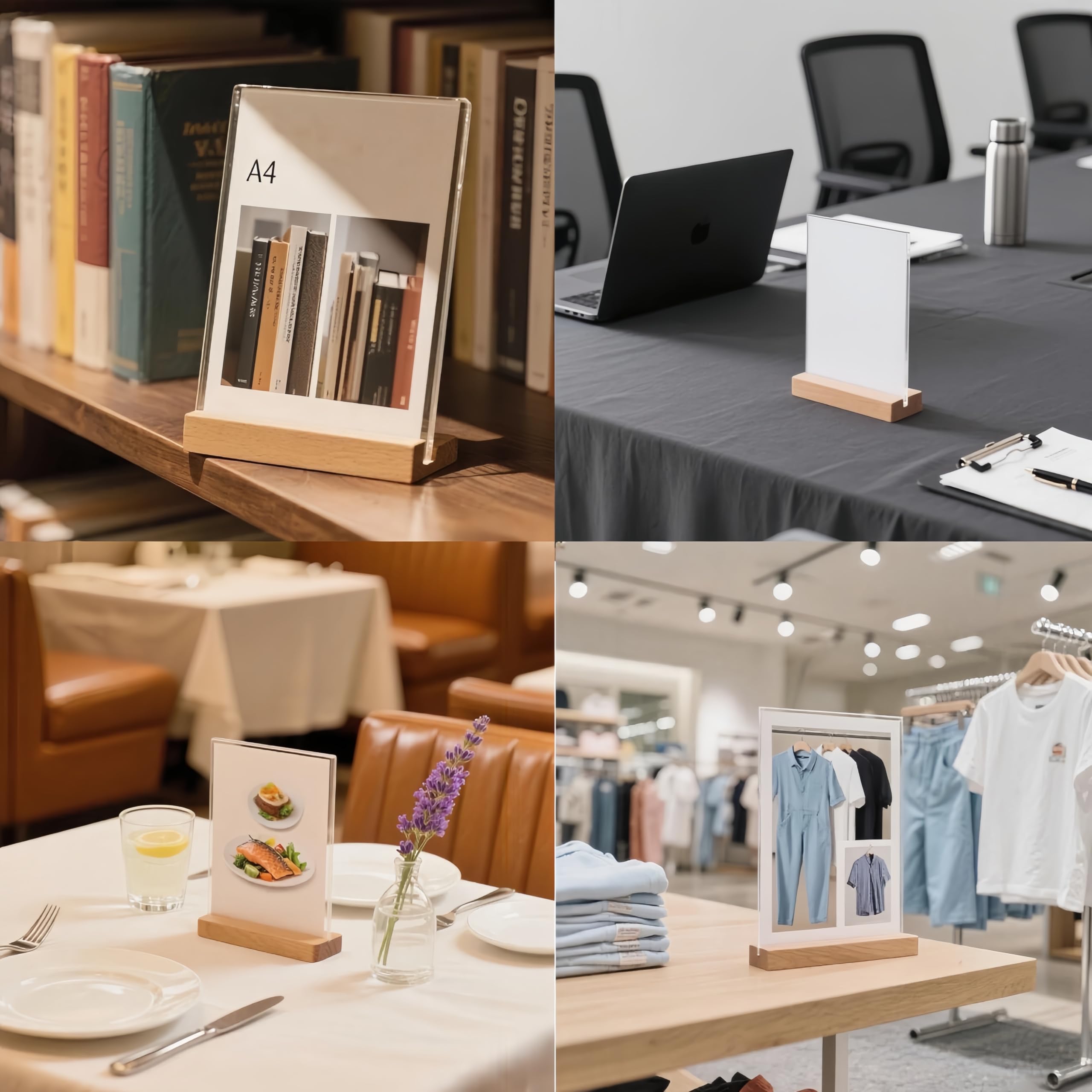 Expositores de mesa A6 transparentes acrílico con base de madera soporte vertical en L doble cara para tarjetas de menú