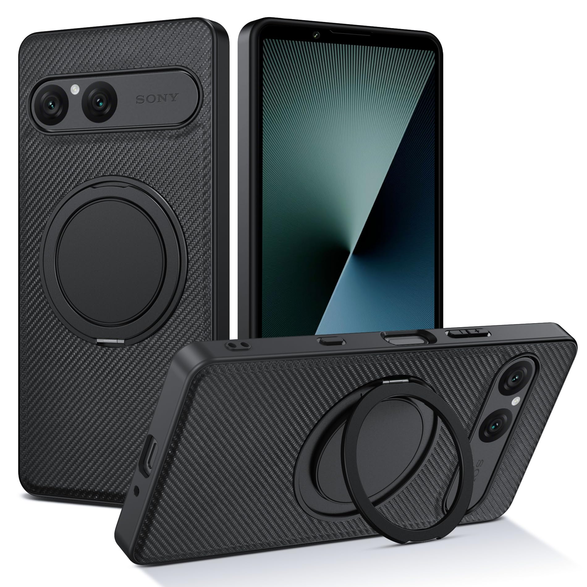 BENTOBEN Xperia 10 VII用 ケース MagSafe対応 360°回転スタンド 縦横両対応 カーボン風デザイン 耐衝撃 マグネット内蔵 車載スマホホルダー対応 ストラップホール付き エクスペリア10 VII スマホケース カバー ブラック