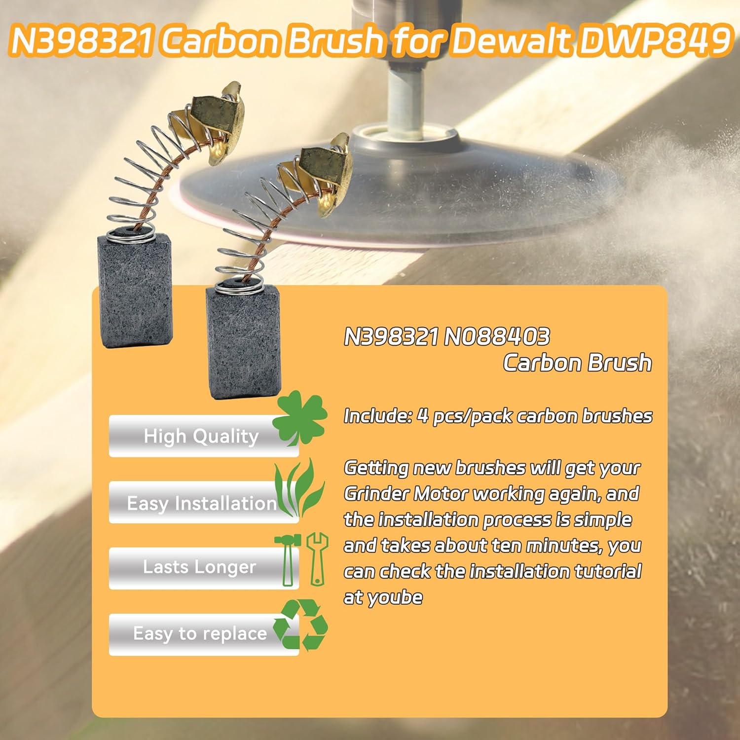 N398321 Carbon Brushes Replacement for Dewalt DWP849 DWP849X DWP849X-B3 DWP849X-BR N088403 N398327 N103592 N088403 Power Tool Accessories Black-Decker (4 pack)