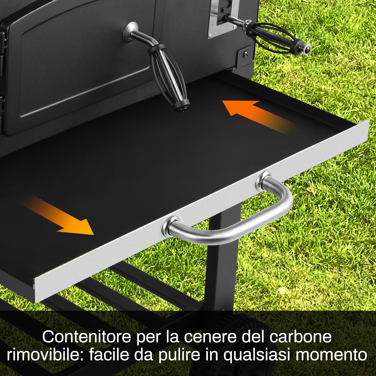 LIFERUN Barbecue a Carbonella XXL, Griglia per Barbecue con Camino e Coperchio, con Termometro e 2PCS Ruotes, Altezza Regolabile, Grande BBQ Smoker per Giardino, Campeggio
