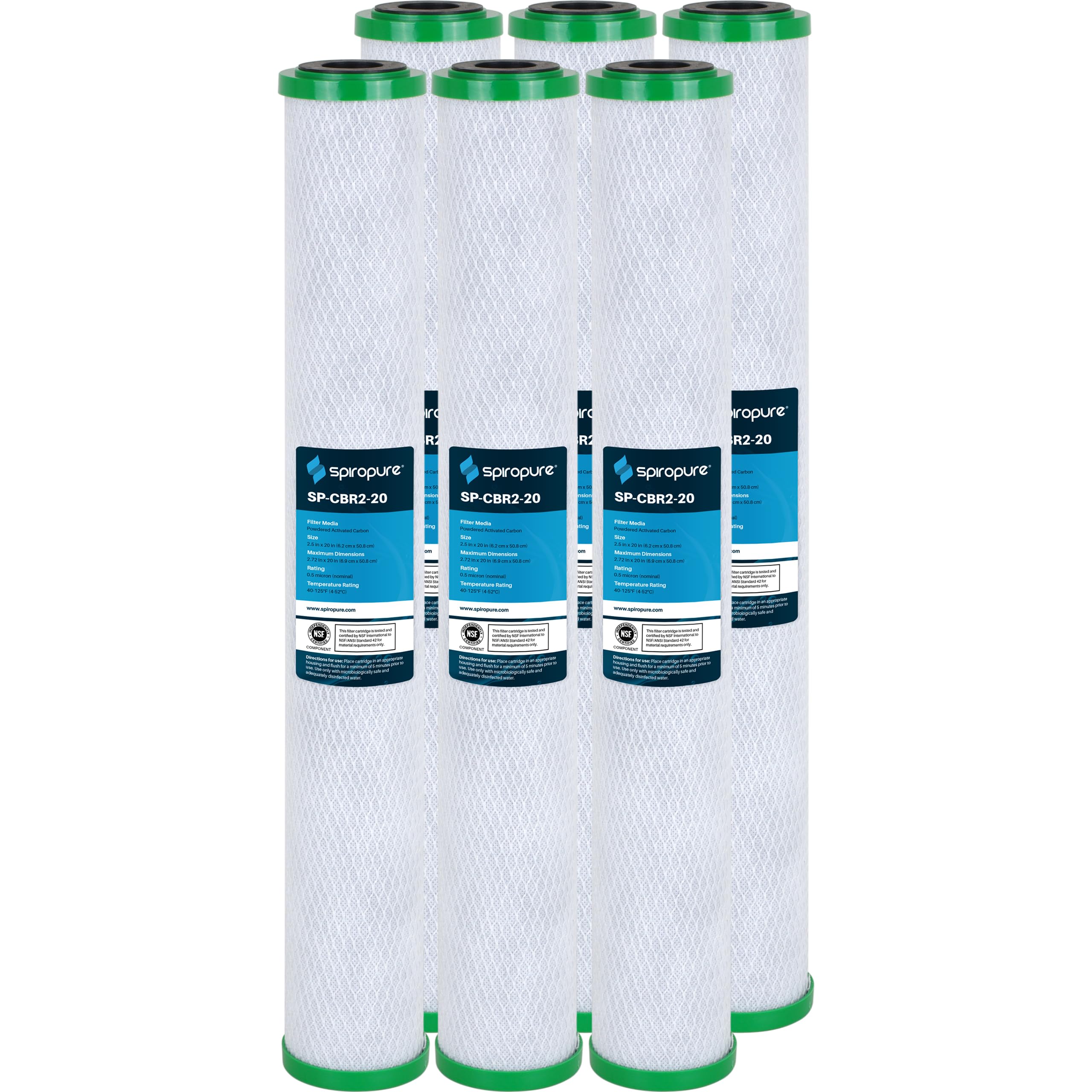 SpiroPure SP-CBR2-20 20x2.5 0.5 Micron NSF Certified Coconut Shell Carbon Block Water Filter Cartridge CBC-20 155309-43 SMCB-2520 (Case of 6)