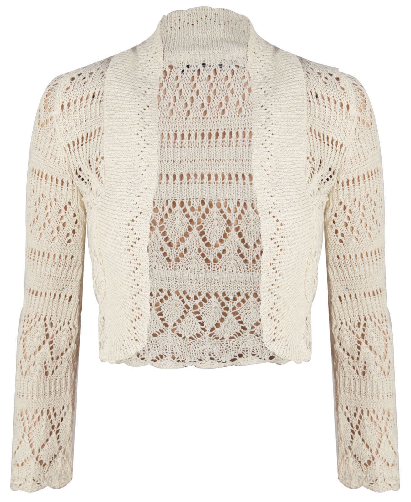 Women's Cream New Long Sleeve Crochet Bolero Shrug Plain Cropped Knitted Open Cardigan Tops 8-14