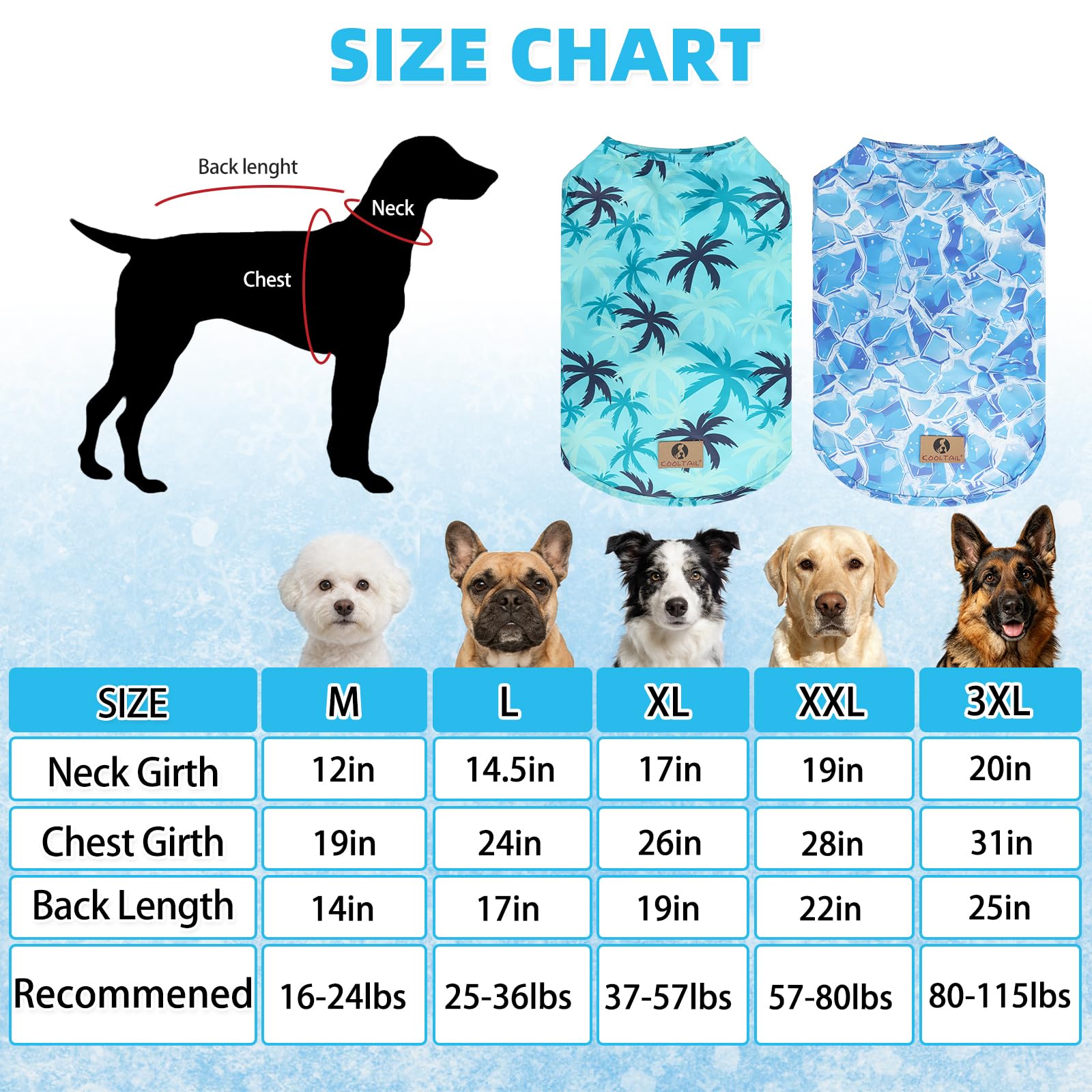 KOOLTAIL Lot de 2 vêtements rafraîchissants pour chiens de grande taille, protection UV et insectes UPF50+, séchage rapide, anti-perte de poils, respirant, sans manches, motif glaçons et noix de coco