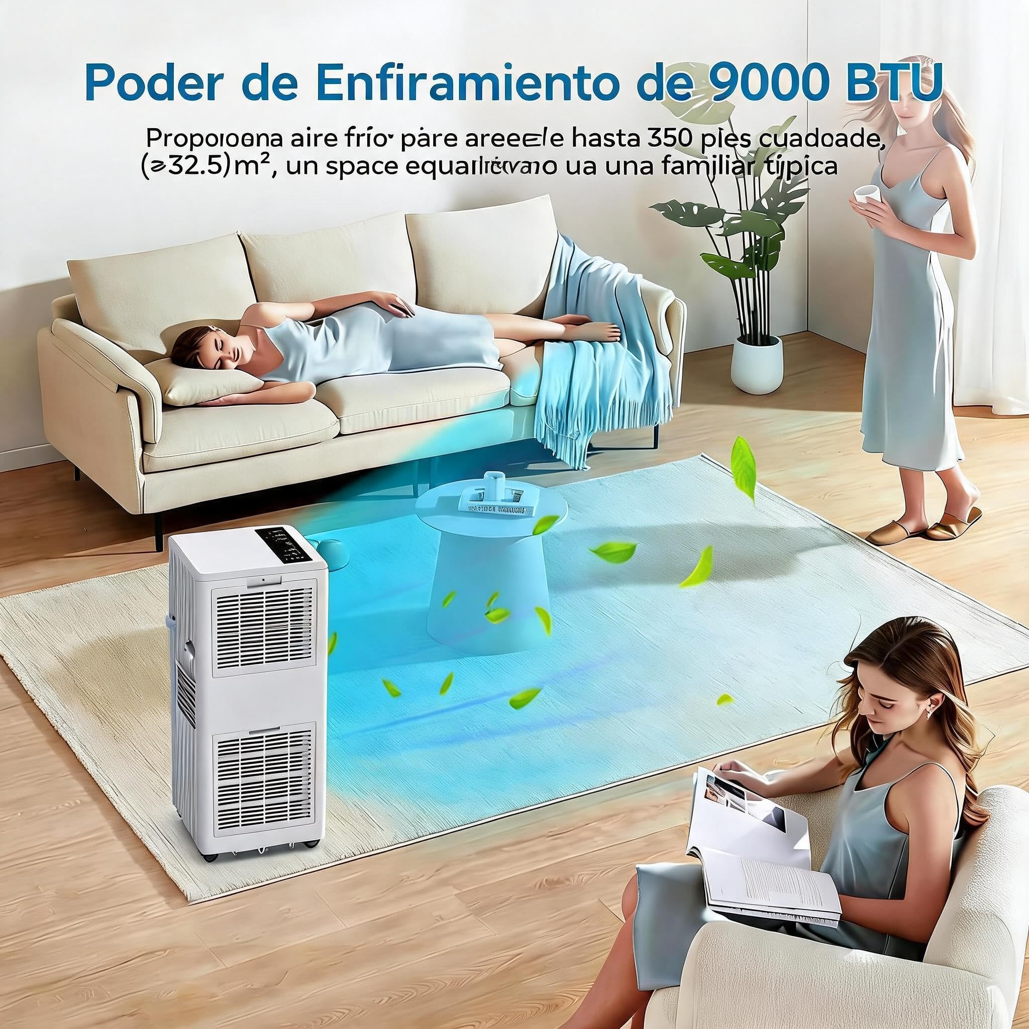 Aire Acondicionado Portátil 9000 BTU 3 en 1 – Enfriamiento Rápido, Deshumidificador, Ventilador – 2 Velocidades, Temporizador 24H, modo Sueño, Mando, Bajo Consumo, R290, Ruedas, hasta 32m²