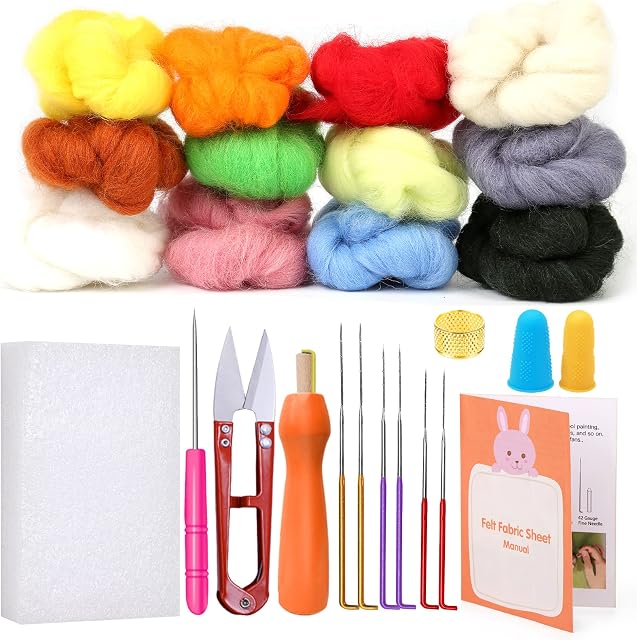 64 Pcs Needle Felting Kit-12 Color Felting Wool with 3 Sizes Needle Felting Needles for Roving Wool Felting