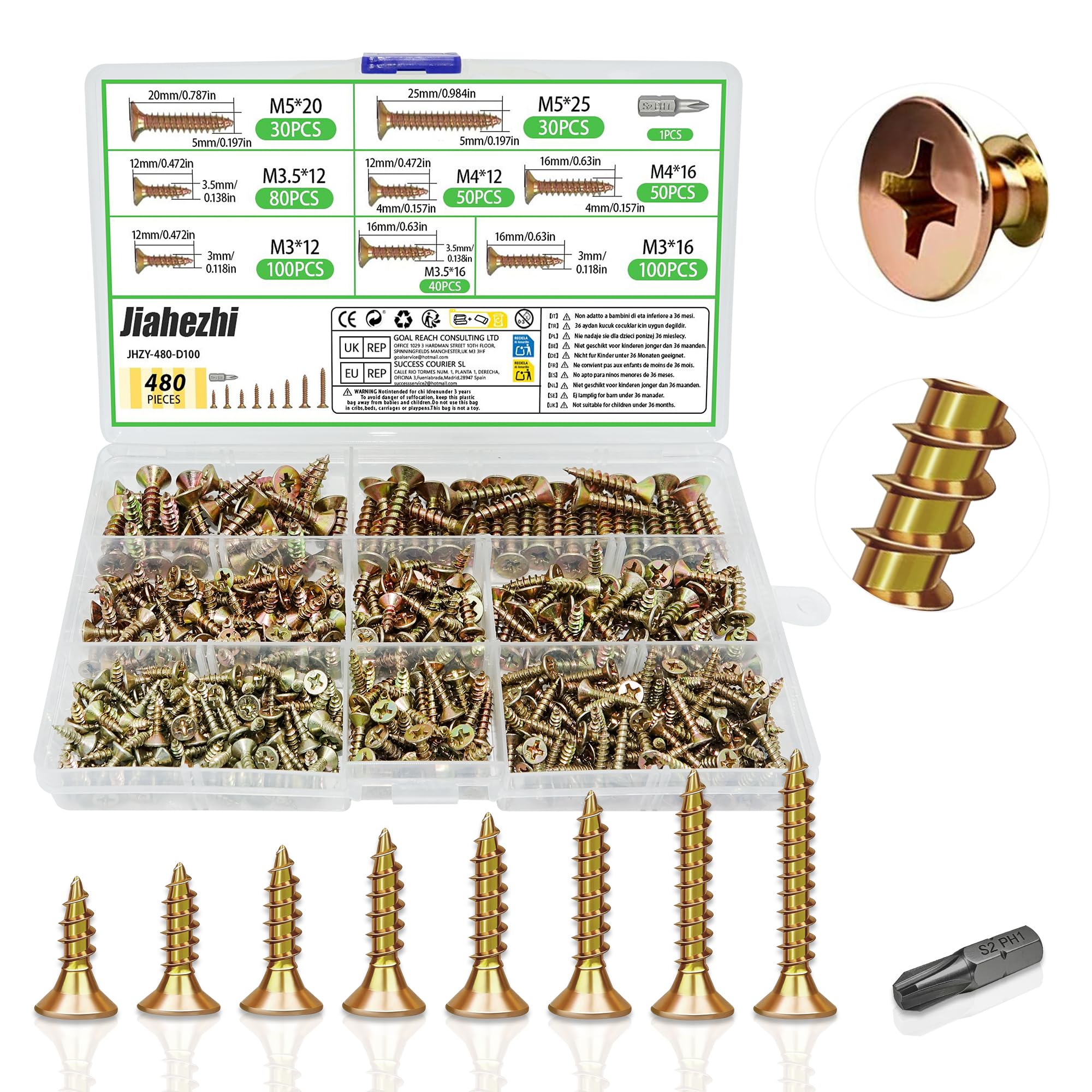 M3/M3.5/M4/M5 Wood Screws Assortment, 480pcs Flat Head Self Tapping Countersunk Screws Set with Storage Box, Galvanised Decking Screws for Wood Projects