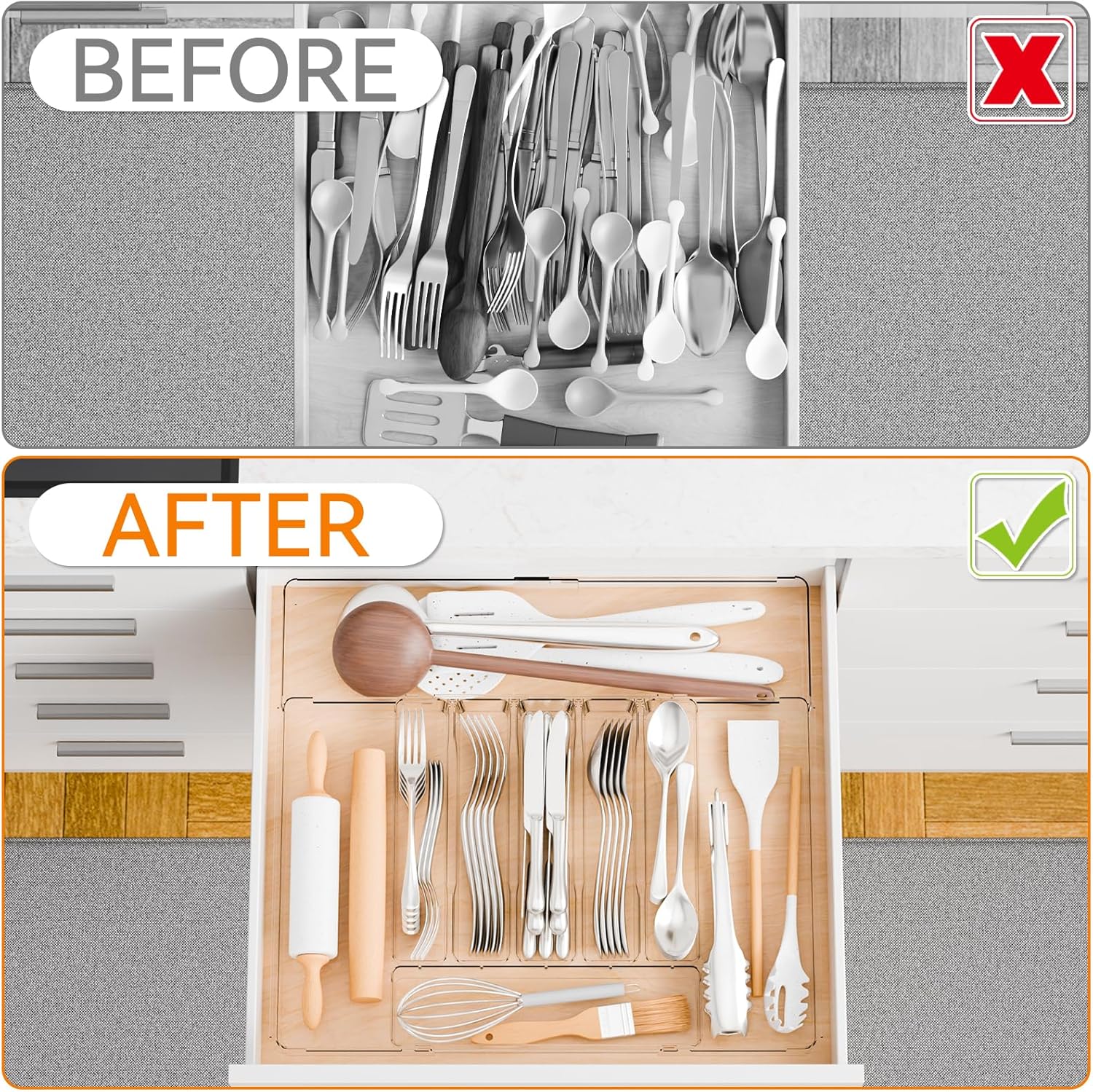 Yieach Clear Large Expandable Silverware Organizer and Kitchen Utensil Drawer Organizer,Plastic Adjustable Silverware Tray for Drawer Cutlery,Spatula,Tools,Flatware Organizers,Fork and Spoon Holder