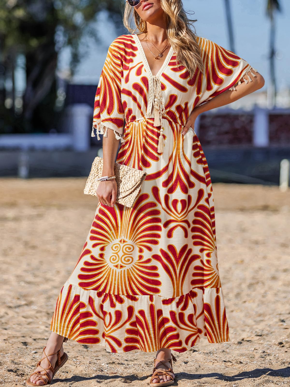 CUPSHE Vestidos de verano para mujer, con borlas, lazo frontal, cuello en V, manga murciélago, estilo hawaiano, casual, vestido largo