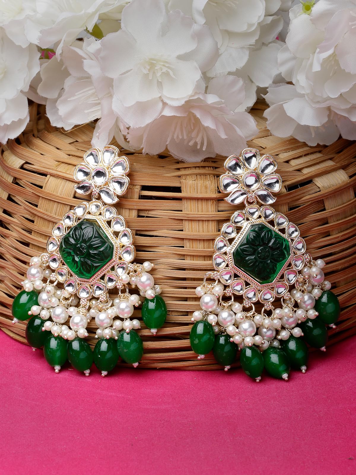Floral Kundan Dangle Drop Earrings (E104830)