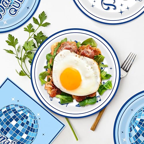 Miniatura 5 de Juego de 48 piezas de vajilla retro de los años 70, platos de discoteca y servilletas, tenedores, suministros para 16 bolas de discoteca azules,