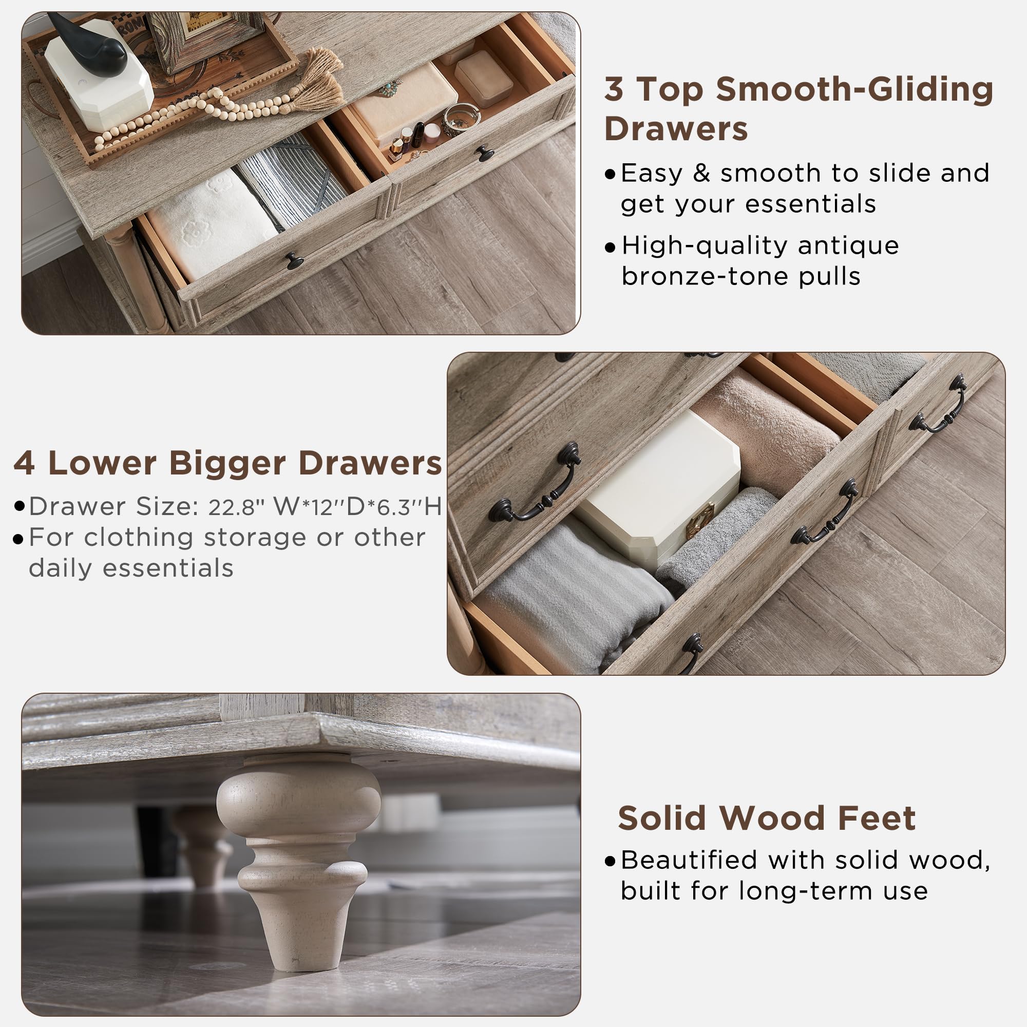 T4TREAM Farmhouse 7 Drawers Dresser Chests for Bedroom w/ 4 Solid Wood Feet & Column Decor, Tall Wide Wood Country Rustic Chest of Drawers, Storage Dressers for Bedroom, Living Room, Light Rustic Oak