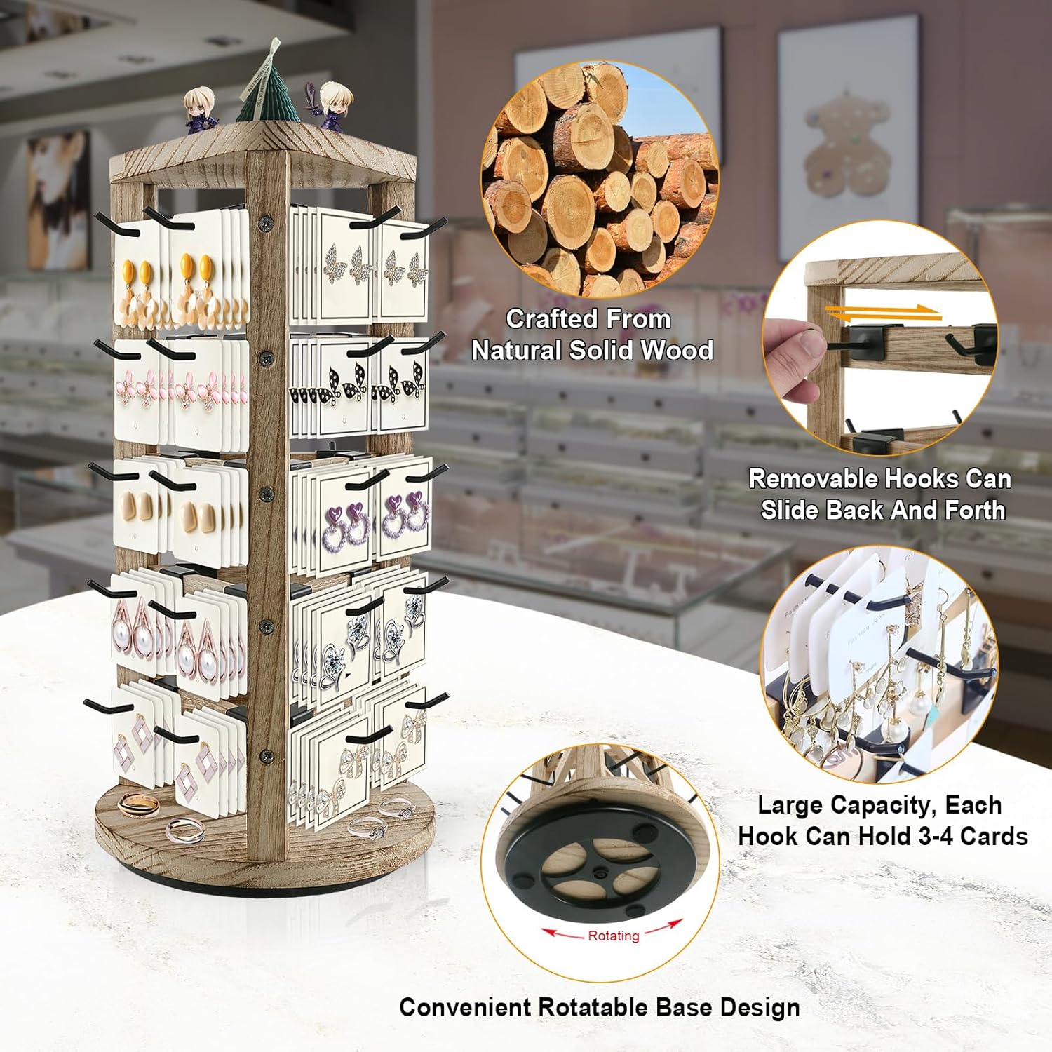 Wood Rotating Earring Display for Vendors, Wooden Jewelry Display for Vendors with 30 Removable Hooks 5 Tier Tabletop Necklace Display Stand Key Chain Display