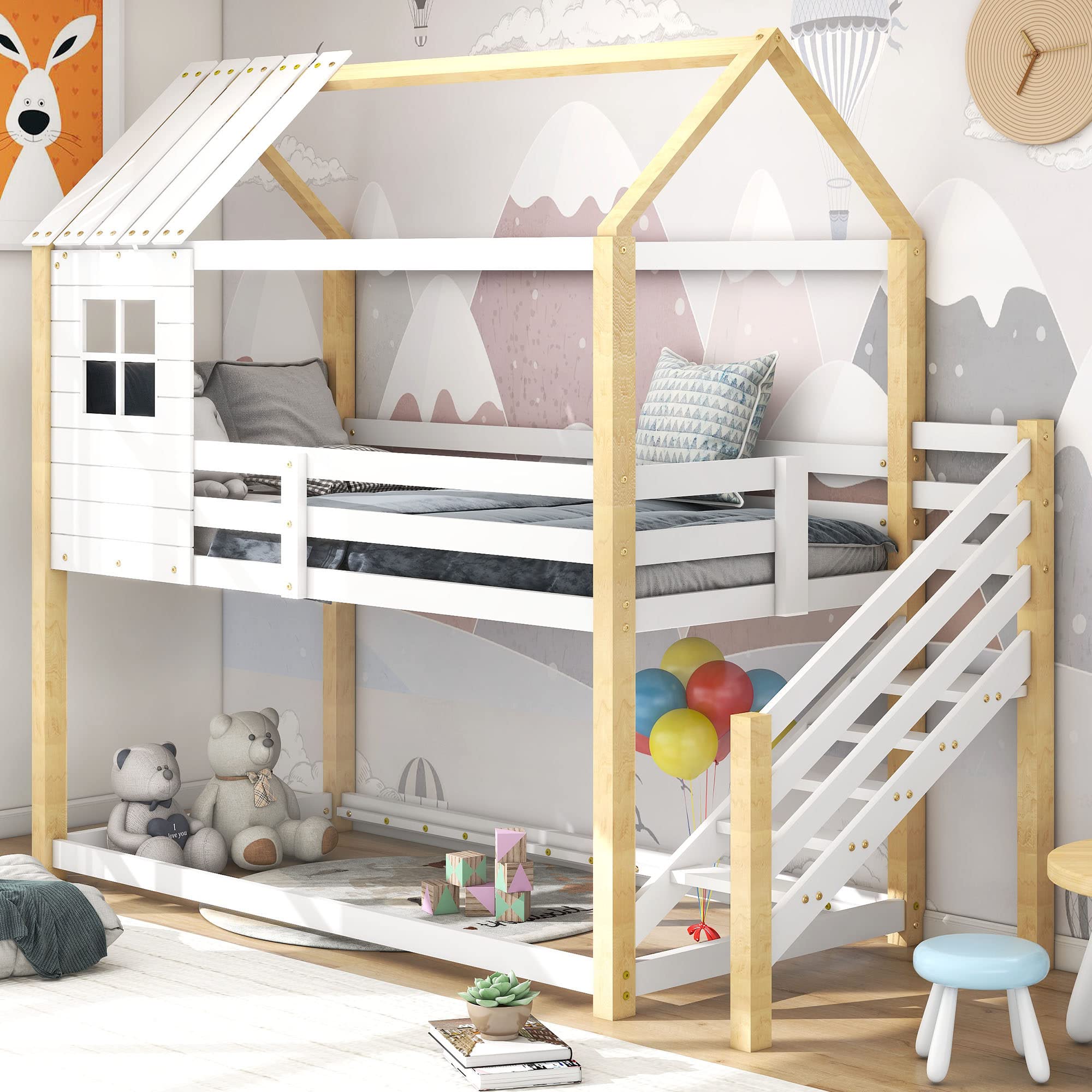 Baumhaus Kinderbett, Bett mit Ecktreppe, Hausbett, Kinderbett mit Fallschutz und Gitter, mit Fenster, Rahmen aus Kiefer, weiß+Natur (200x90cm),Woodcolor