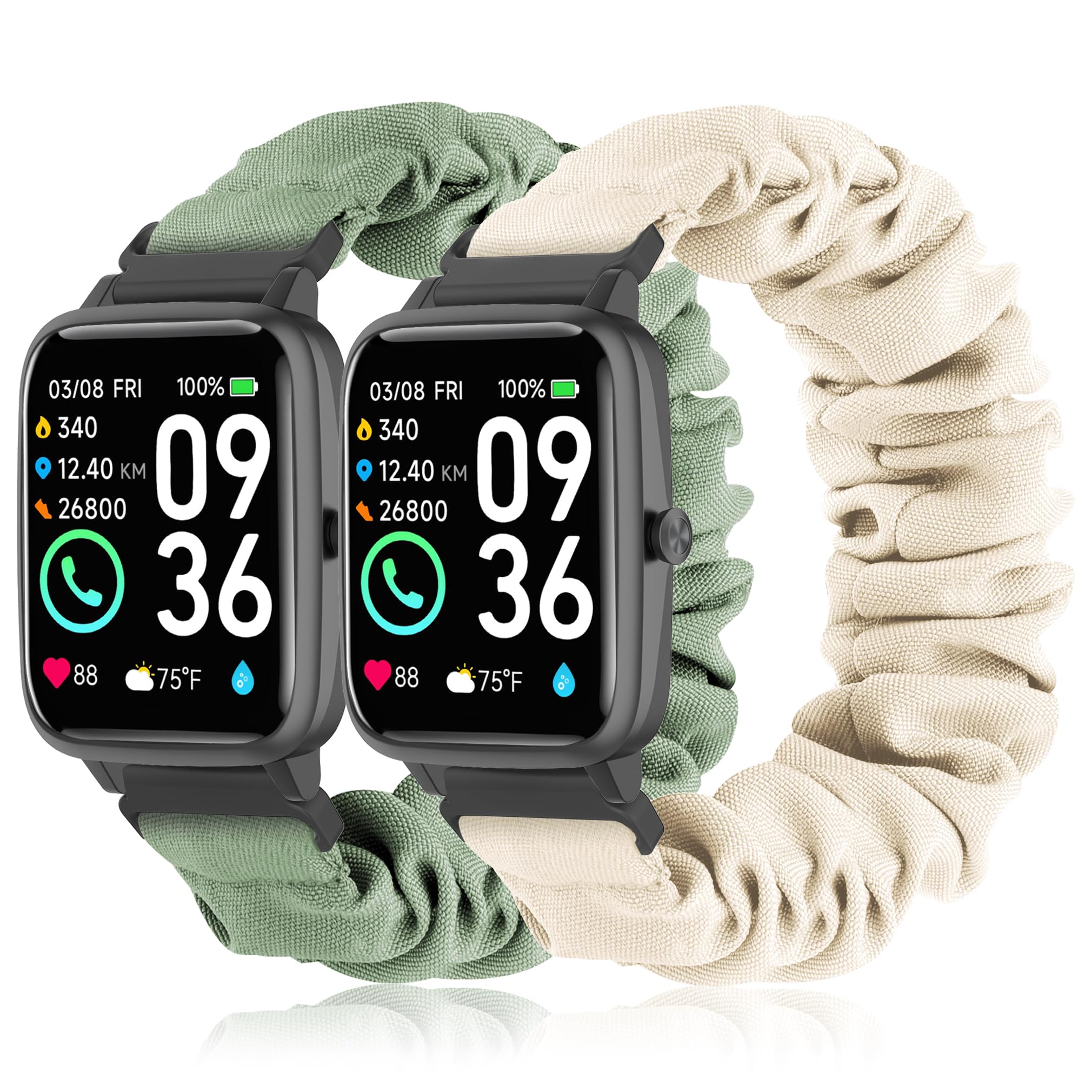 Sunnyson 22mm Bands for Veryfit IDW13/IDW16/IDW19/IDW26/IDW28 Smartwatch，2 Pack Elastic Fabric Scrunchie Straps for Fitvii H57/H56/Fitpolo/Toobur