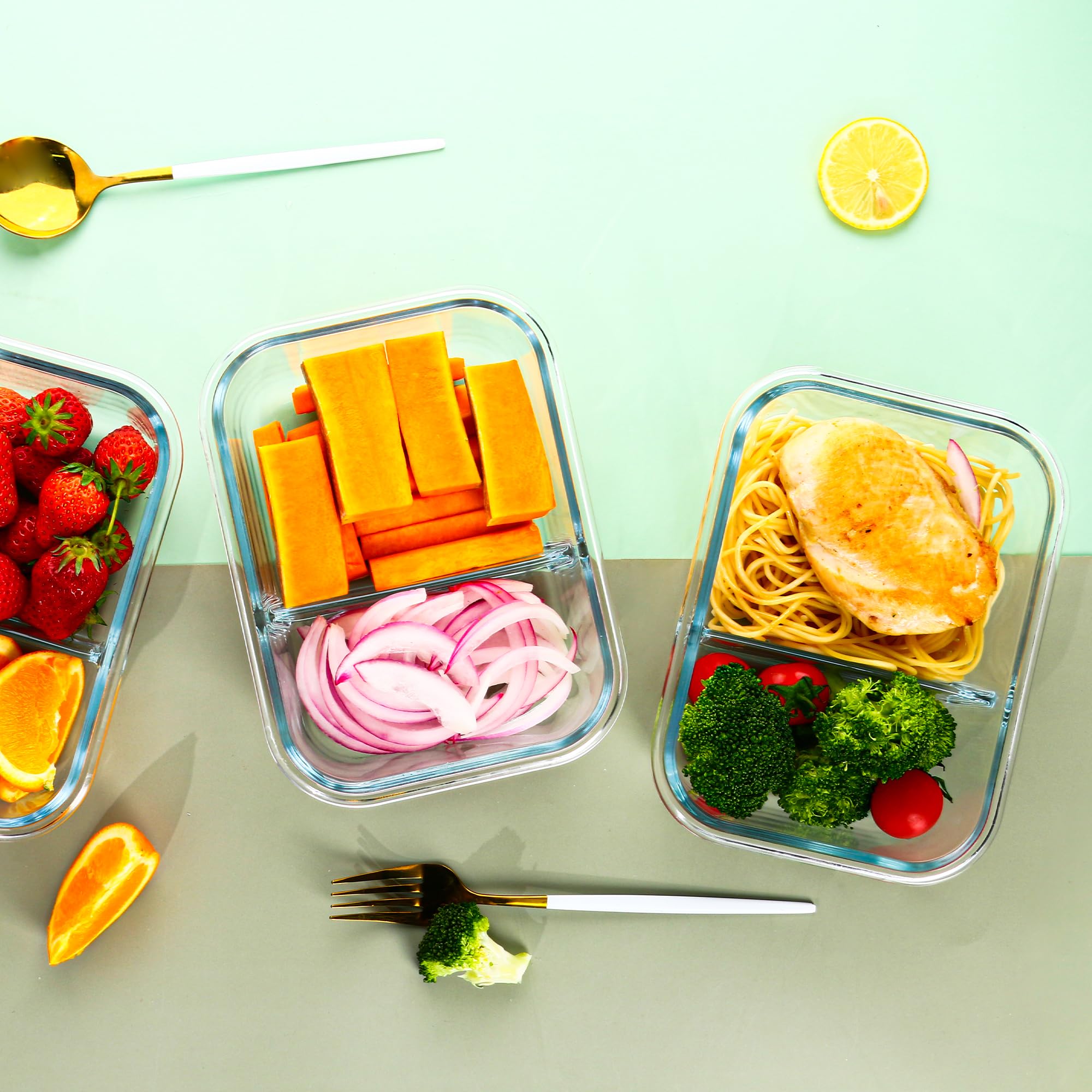 5 paquetes de recipientes de vidrio de 880 ml, 2 compartimentos, recipientes de vidrio para almacenamiento de alimentos con tapas, cajas Bento de vidrio herméticas, aptos para horno, congelador