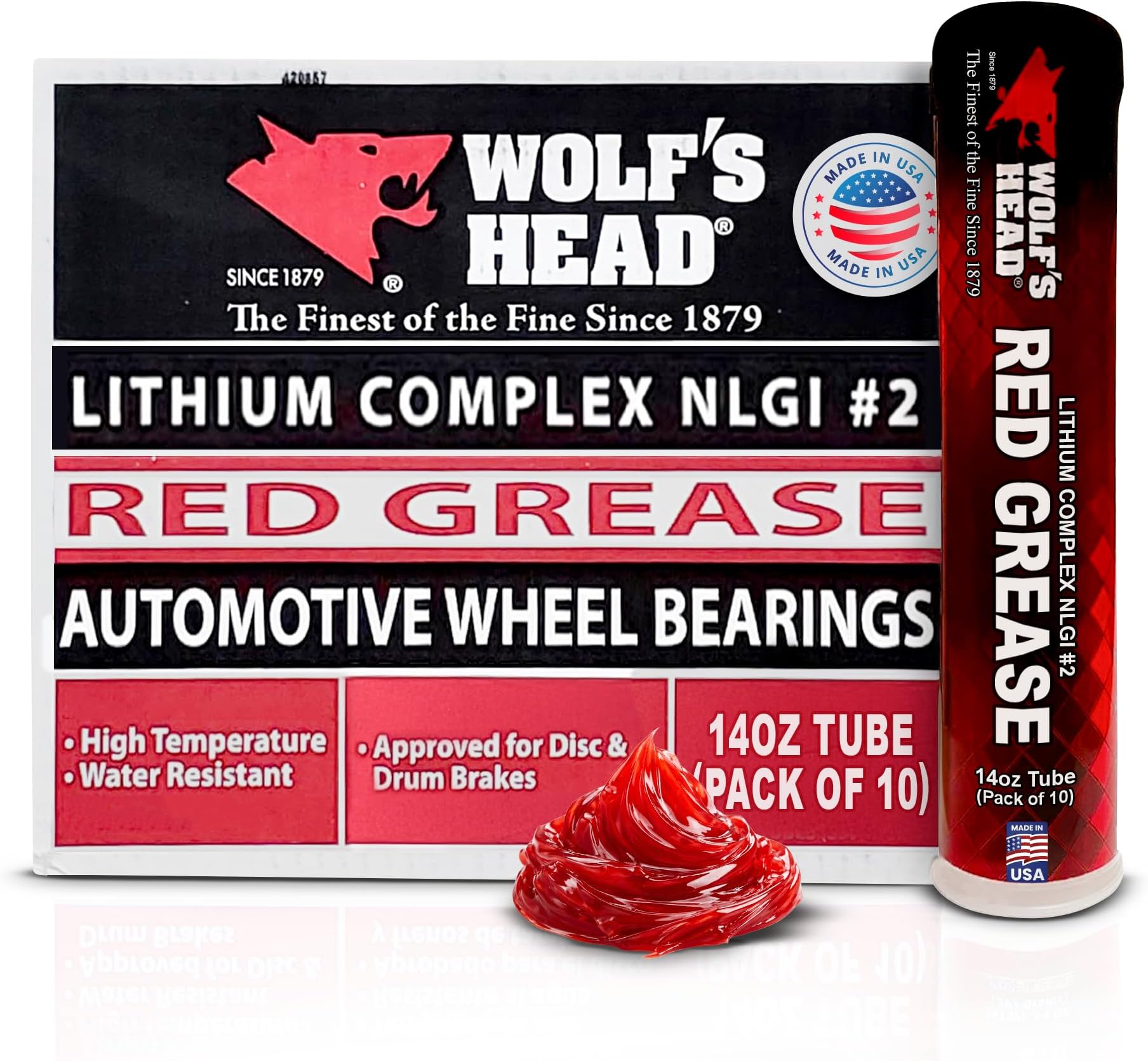 Wolf’s Head Red Grease NLGI #2 (836-88301-91) Premium Tacky Red Grease for Long-Lasting Lubrication, High Temp Protection & Heavy Duty Wheel Bearing/Chassis Use – Made in USA – 14 oz Tube, Pack of 10