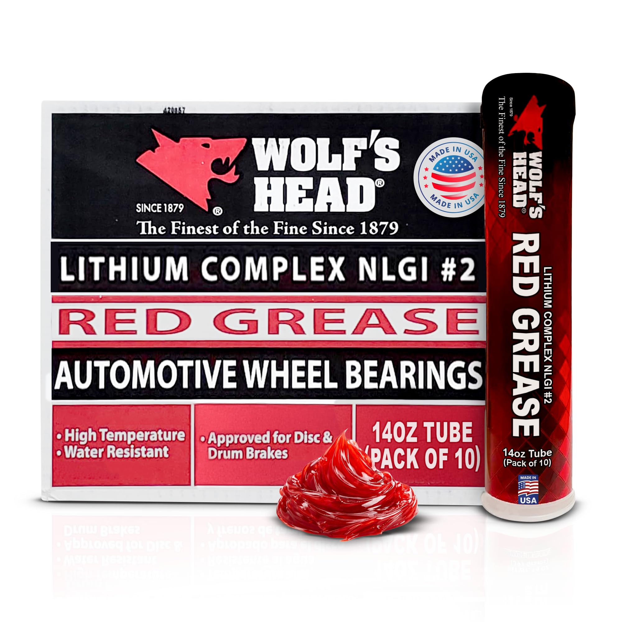 Wolf’s Head Red Grease Tube NLGI #2 – Premium Tacky Red Grease for Long-Lasting Lubrication, High Temp Protection & Heavy Duty Wheel Bearing/Chassis Use – USA Made – 14 oz Tube, Pack of 10