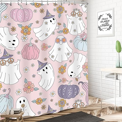 Miniatura 2 de LIGHTINHOME Cortina de ducha rosa de Halloween de 60 pulgadas de ancho x 72 pulgadas de alto, retro divertido fantasma Y2K, lindo otoño, calabaza,