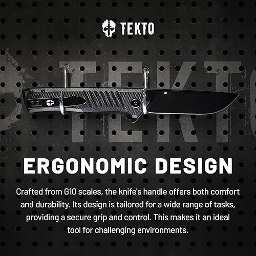 Miniatura 2 de TEKTO F1 Alpha - Cuchillo plegable fabricado en Estados Unidos, hoja trasera recta modificada, acero D2, mango negro táctico G10, detalles de