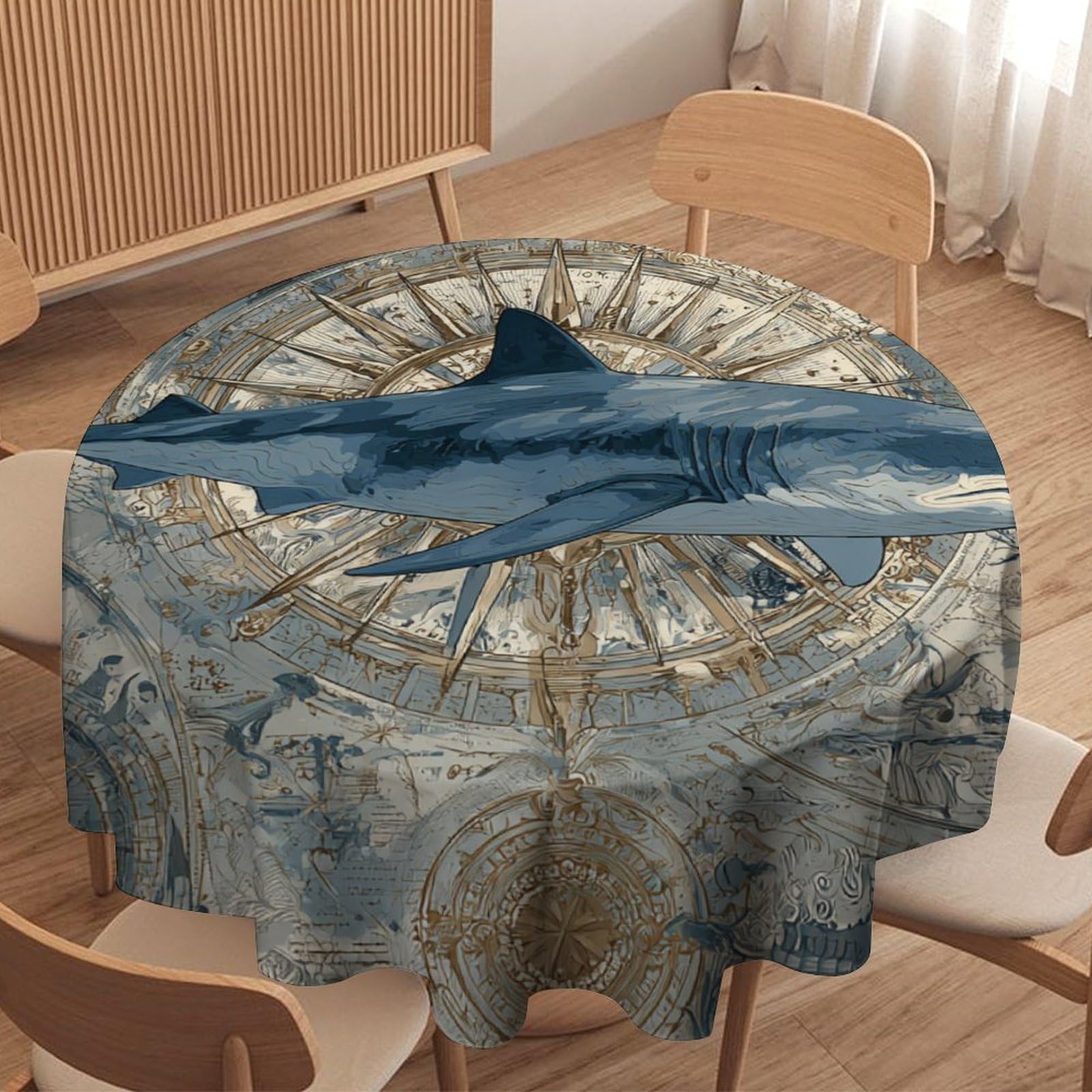 LUYYSKY Classic Abstract Fish Shark Waterproof Round Tablecloth Vintage Watercolor Old Map Underwater Compass Boat Shark Washable Table Cover for Kitchen-91.4" Wx91.4 L cm