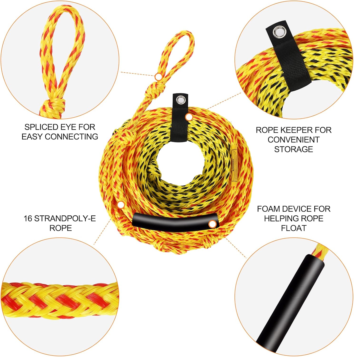 Tow Rope for Tubing 3 Sections Boat Tow Rope 1-6 Person Heavy Duty 3K 6K Tube Ropes for Tubing with Storage Bag and Rope Keeper